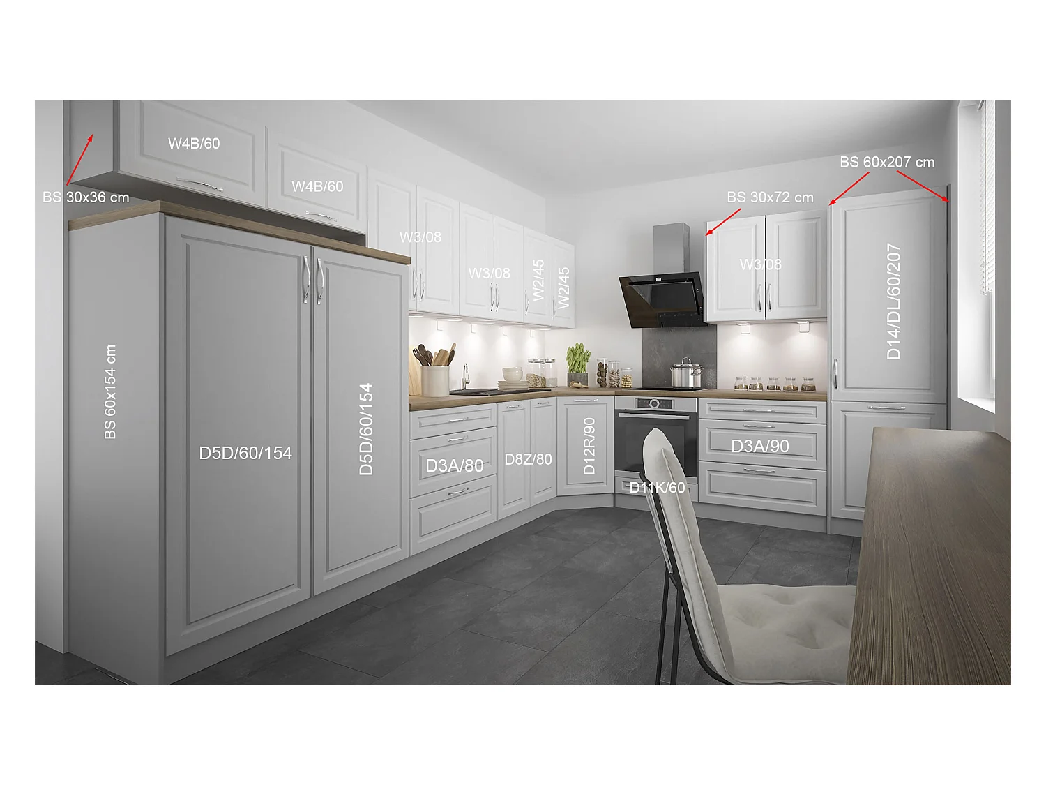 L-FORM KÜCHENZEILE Elbing Grau Matt / Weiß-Light Grey Stone 372 / 304 / 207 cm (15-teilig)