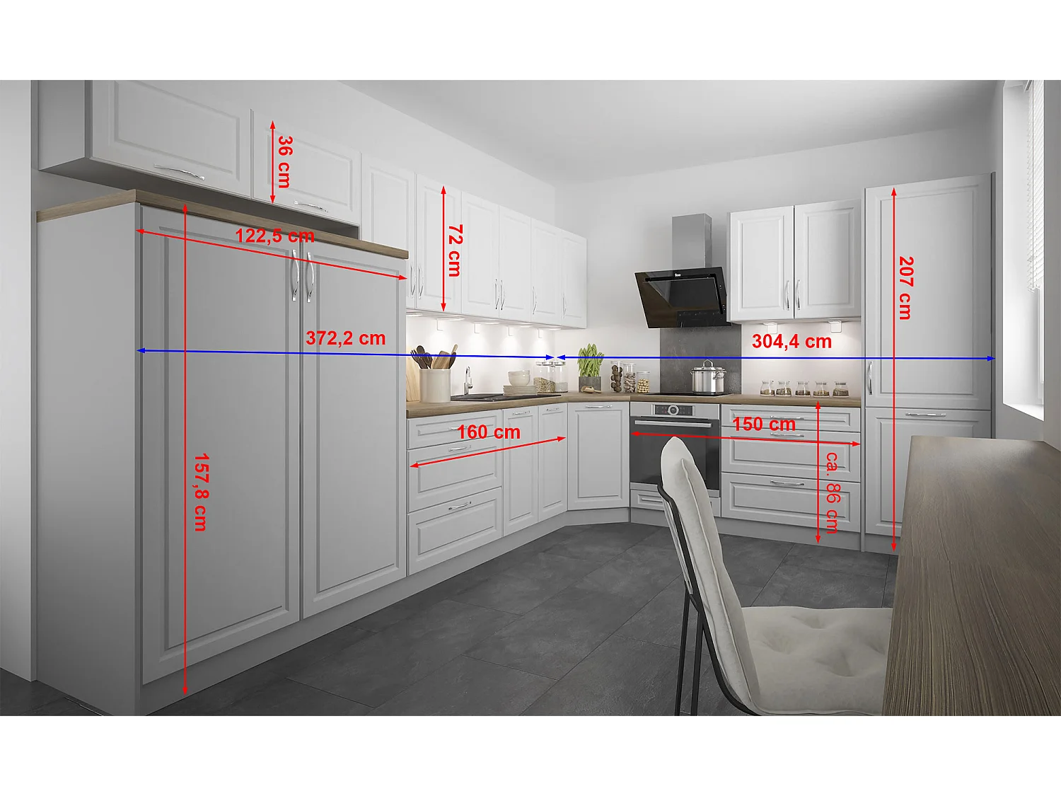 L-FORM KÜCHENZEILE Elbing Grau Matt / Weiß-Light Grey Stone 372 / 304 / 207 cm (15-teilig)