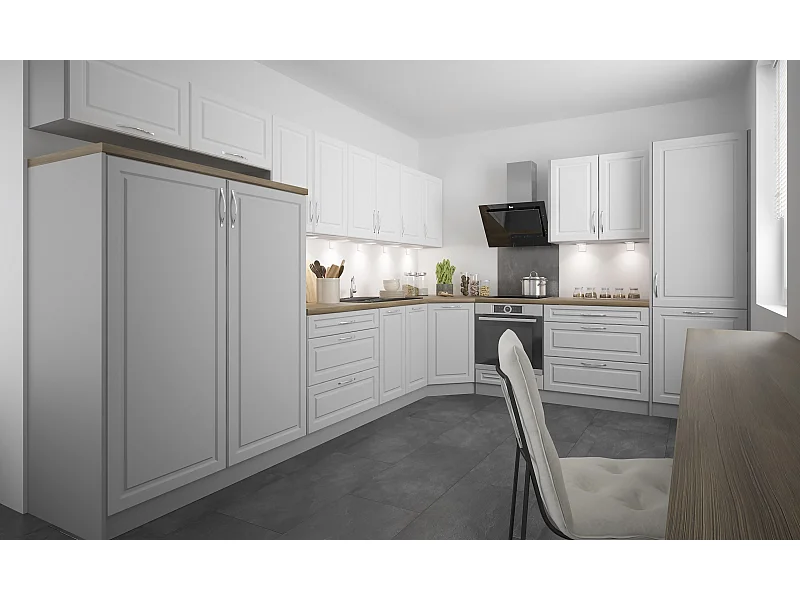 L-FORM KÜCHENZEILE Elbing Grau Matt / Weiß-Light Grey Stone 372 / 304 / 207 cm (15-teilig)