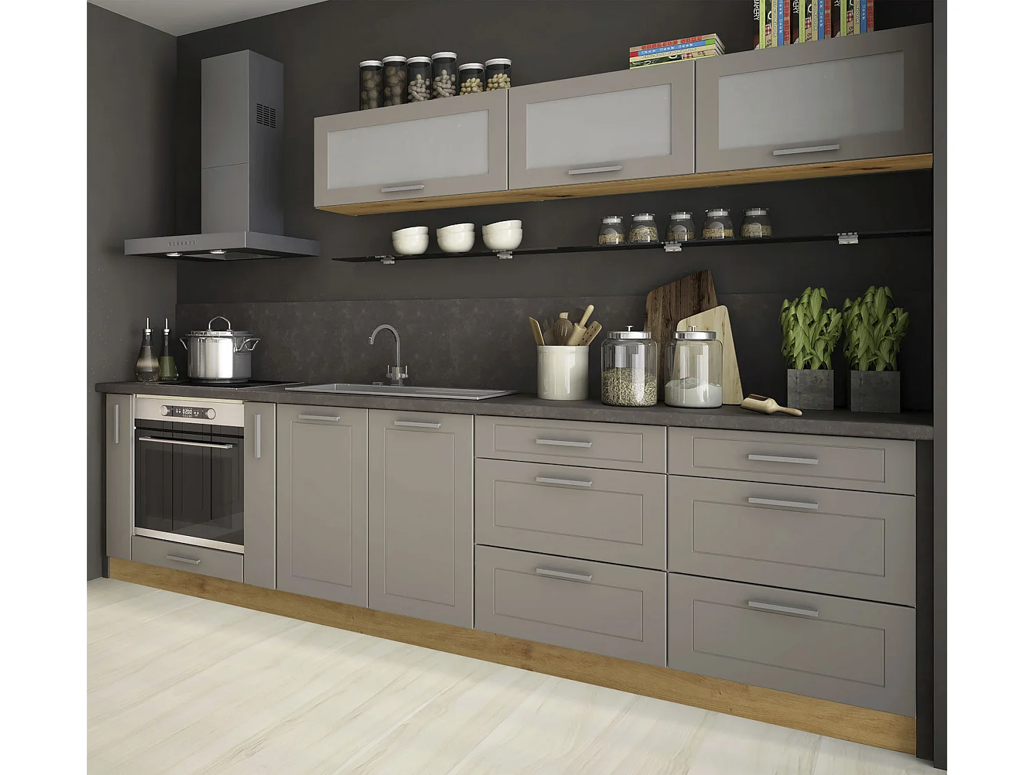 KÜCHENZEILE Kvantum Eiche Artisan / Beige Matt 290 / 59 / 207 cm (9-teilig)