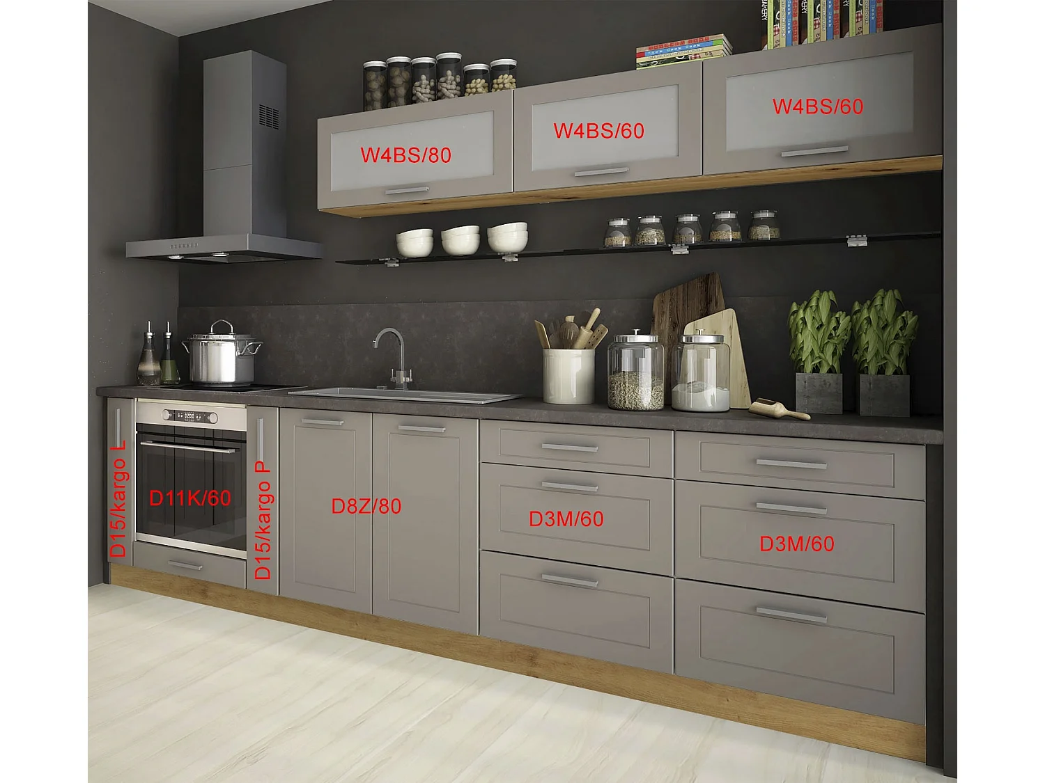 KÜCHENZEILE Kvantum Eiche Artisan / Beige Matt 290 / 59 / 207 cm (9-teilig)