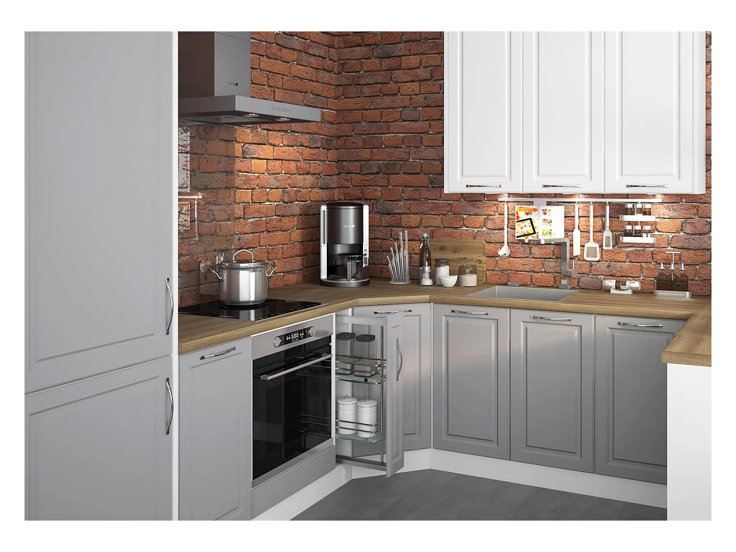 L-FORM KÜCHENZEILE Elbing Weiß Matt / Grey Stone 274 / 222 / 207 cm (9-teilig)