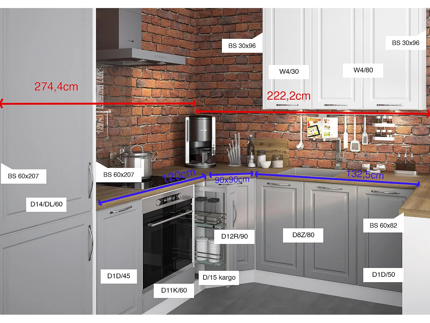 L-FORM KÜCHENZEILE Elbing Weiß Matt / Grey Stone 274 / 222 / 207 cm (9-teilig)