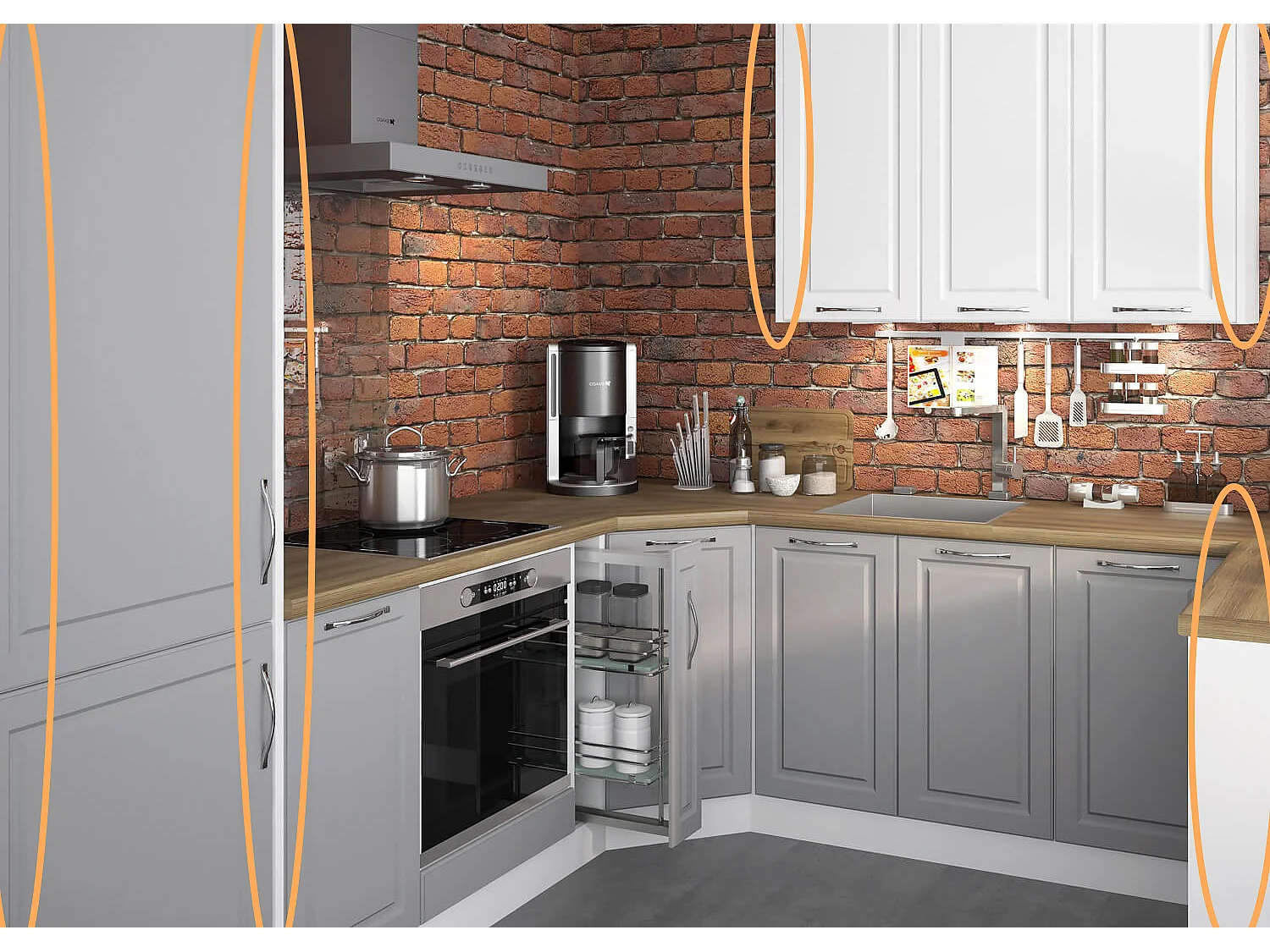 L-FORM KÜCHENZEILE Elbing Weiß Matt / Grey Stone 274 / 222 / 207 cm (9-teilig)