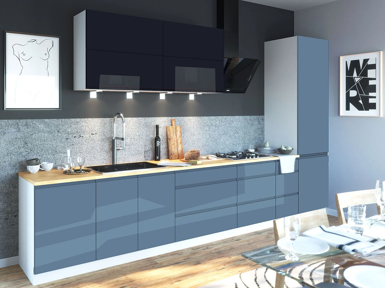 KÜCHENZEILE Florence 8-teilig Schwarzblau / Taubenblau 392 / 59 / 207 cm