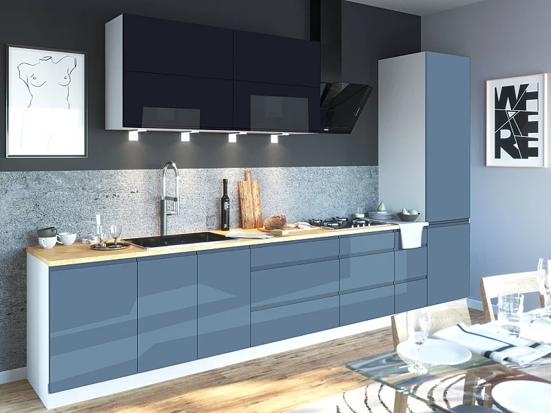 KÜCHENZEILE Florence 8-teilig Schwarzblau / Taubenblau 392 / 59 / 207 cm