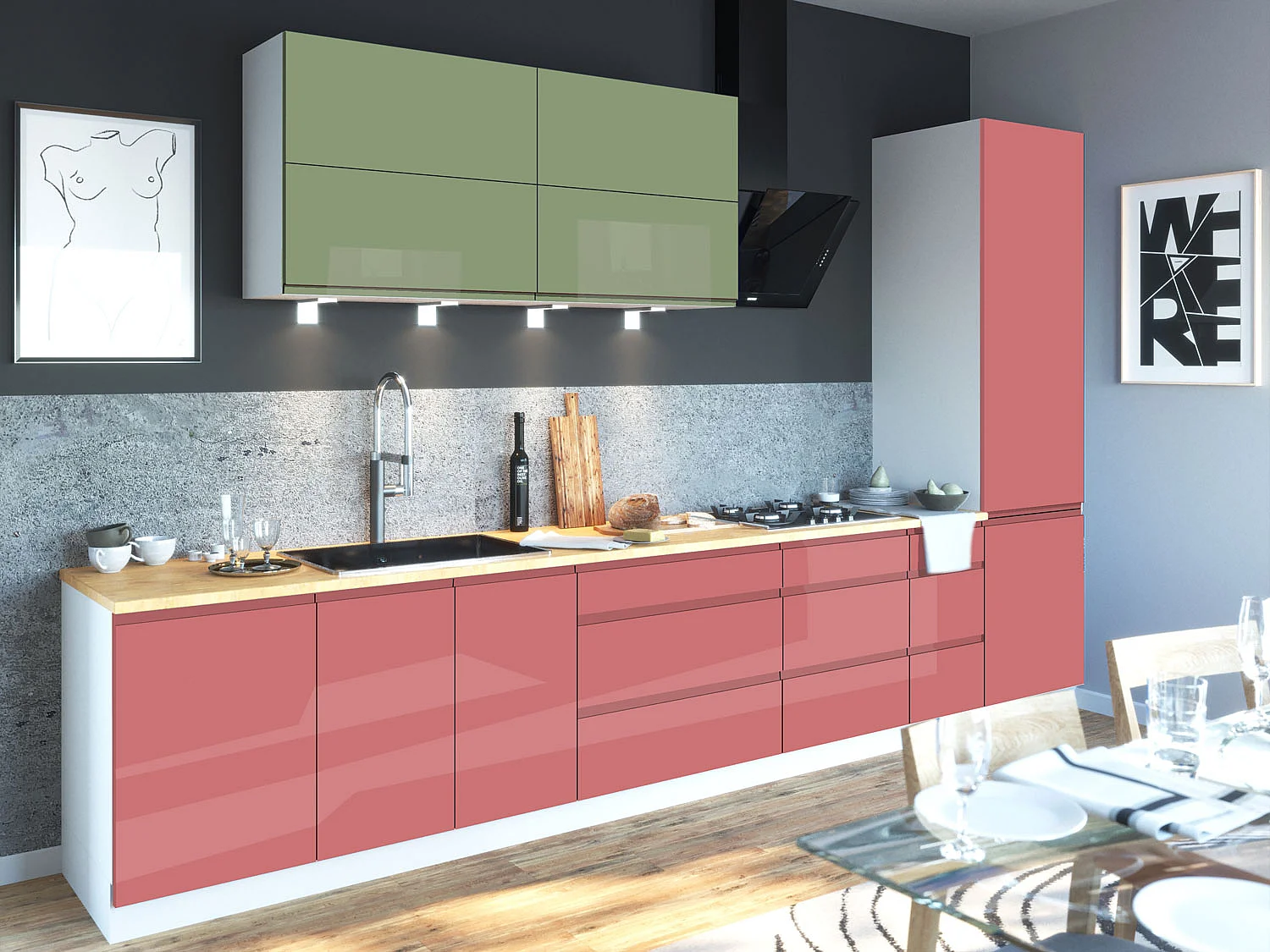 KÜCHENZEILE Florence 8-teilig Blassgrün / Altrosa 392 / 59 / 207 cm