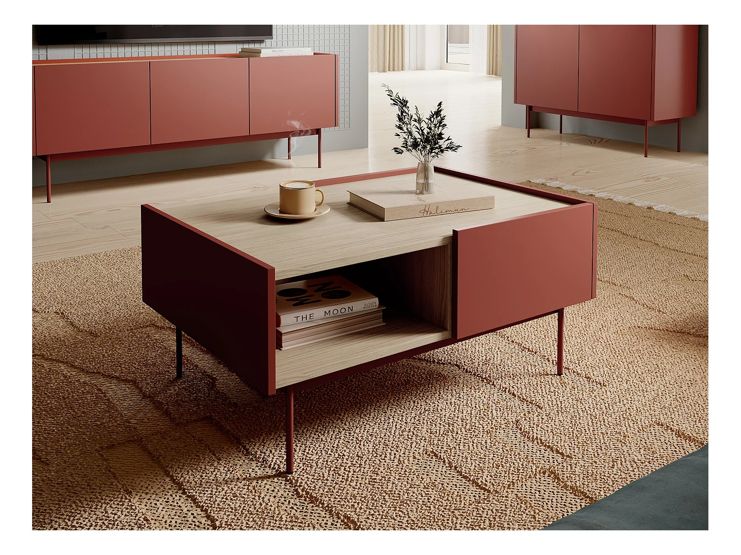 COUCHTISCH Color Keramikrot / Eiche Linea 97 / 65 / 45cm