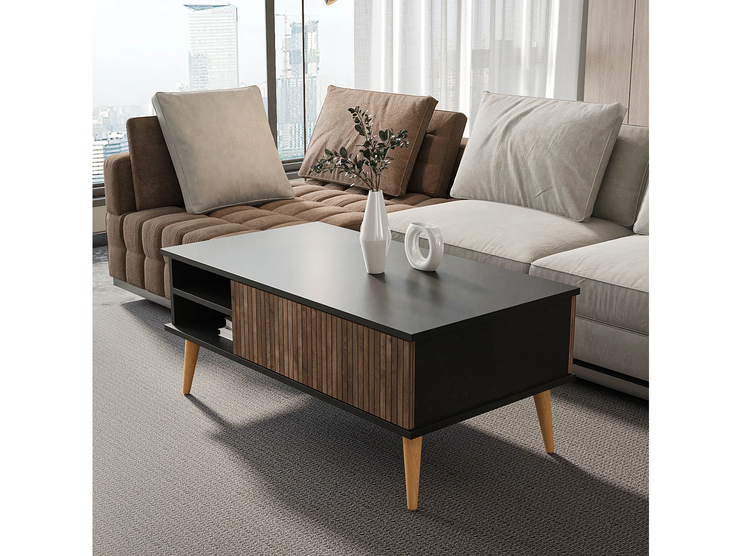 Como Table Basse 110 cm Niches et Armoires Battants Rangement Pieds en Bois (Noir et Alina)