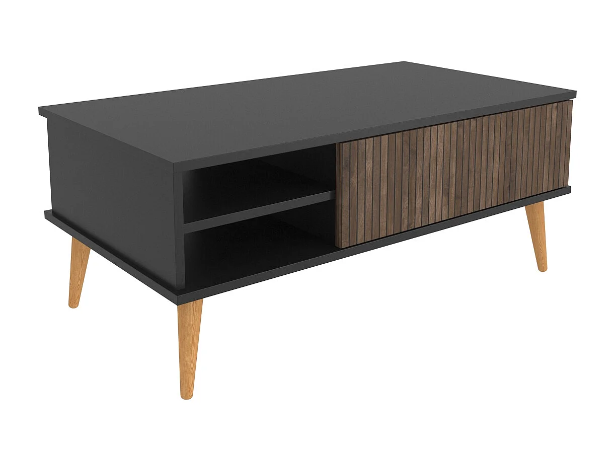 Como Table Basse 110 cm Niches et Armoires Battants Rangement Pieds en Bois (Noir et Alina)