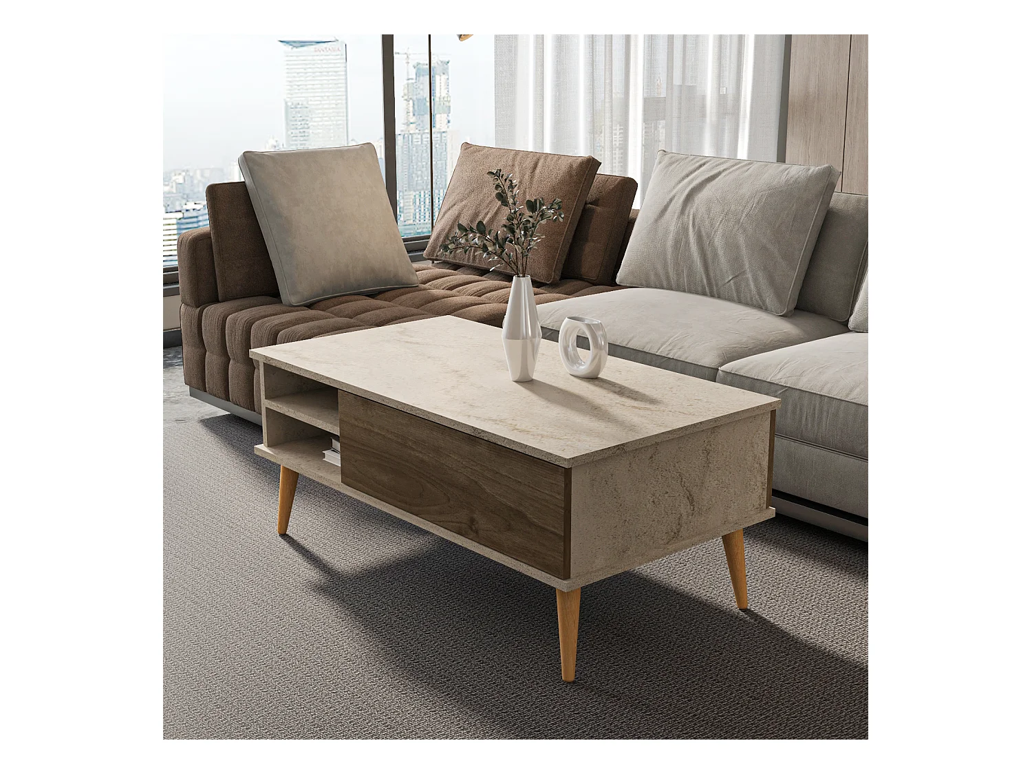 Como Table Basse 110 cm Niches et Armoires Battants Rangement Pieds en Bois (Traverter et Noyer)