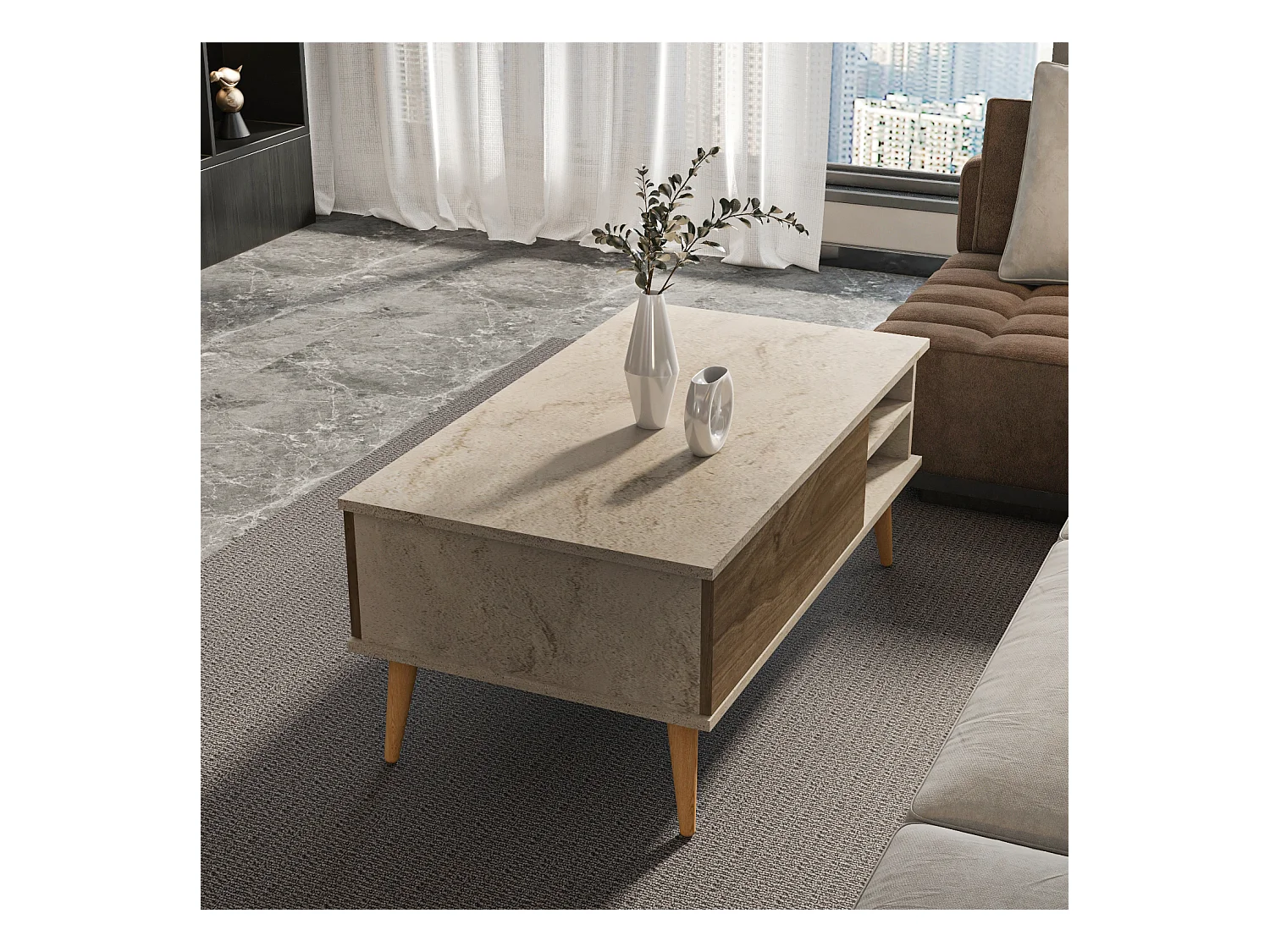 Como Table Basse 110 cm Niches et Armoires Battants Rangement Pieds en Bois (Traverter et Noyer)