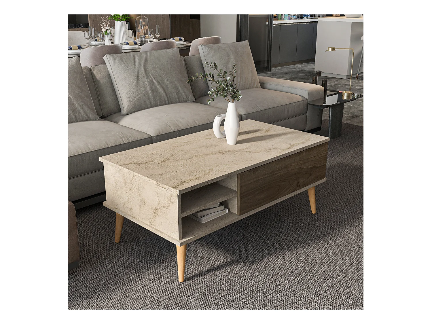 Como Table Basse 110 cm Niches et Armoires Battants Rangement Pieds en Bois (Traverter et Noyer)