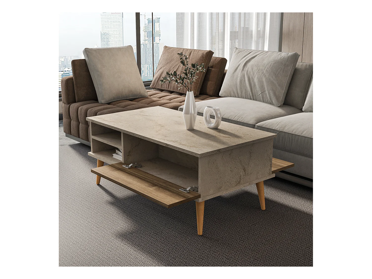 Como Table Basse 110 cm Niches et Armoires Battants Rangement Pieds en Bois (Traverter et Noyer)