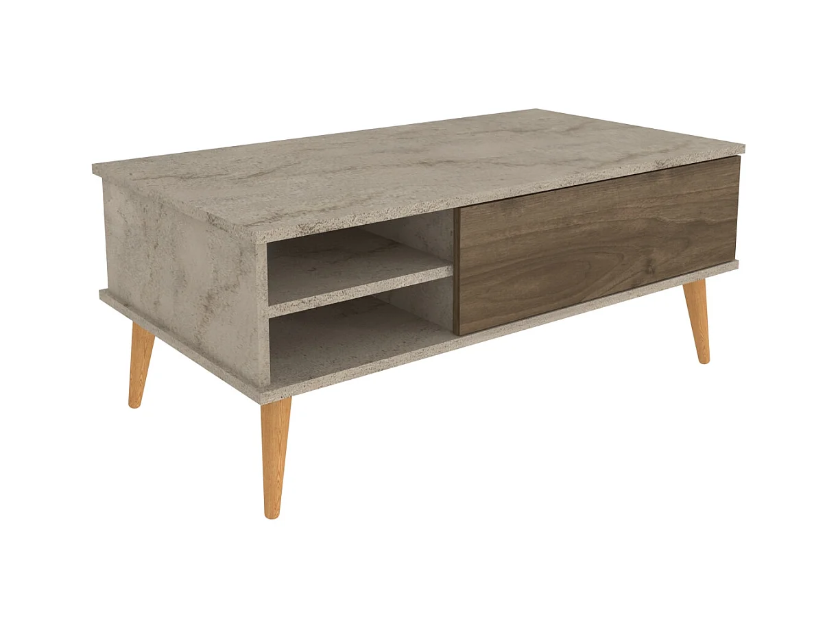 Como Table Basse 110 cm Niches et Armoires Battants Rangement Pieds en Bois (Traverter et Noyer)