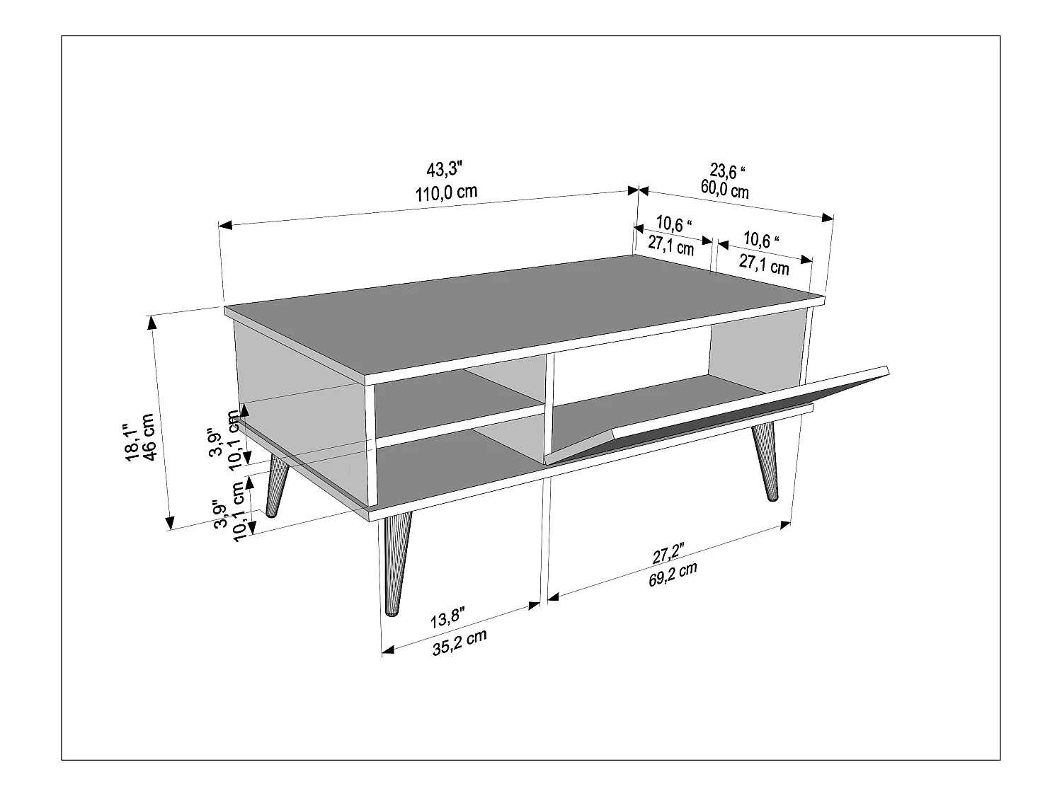 Como Table Basse 110 cm Niches et Armoires Battants Rangement Pieds en Bois (Traverter et Noyer)