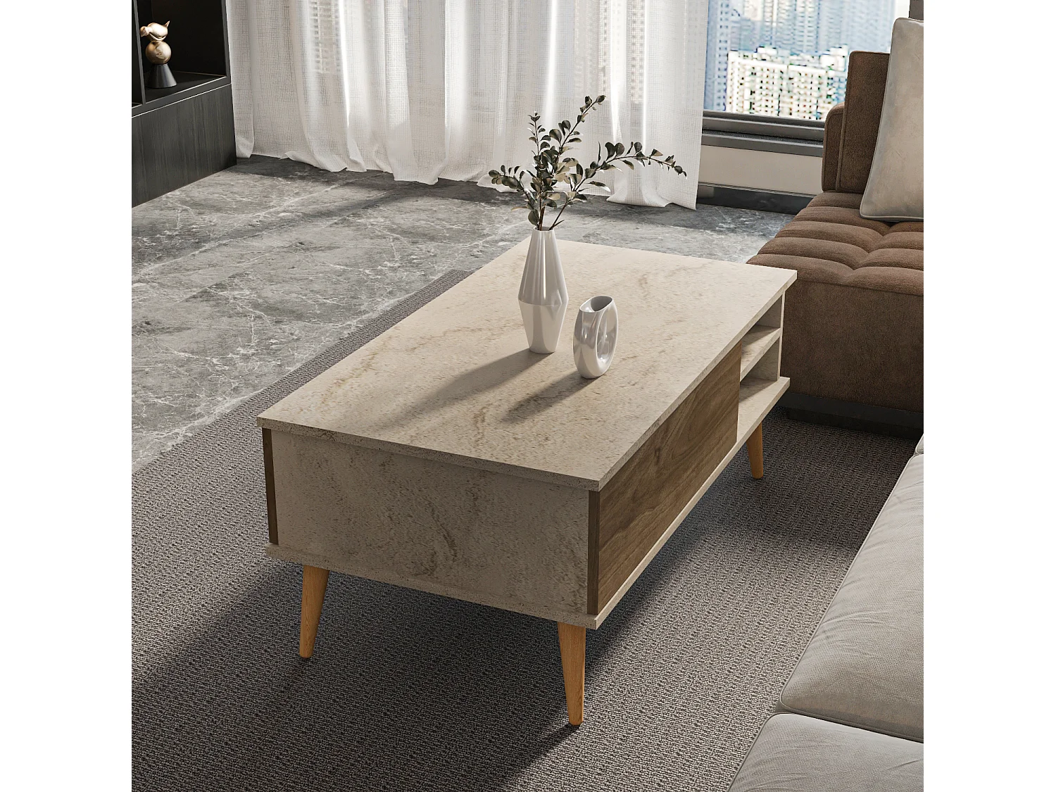 Como Table Basse 110 cm Niches et Armoires Battants Rangement Pieds en Bois (Traverter et Noyer)