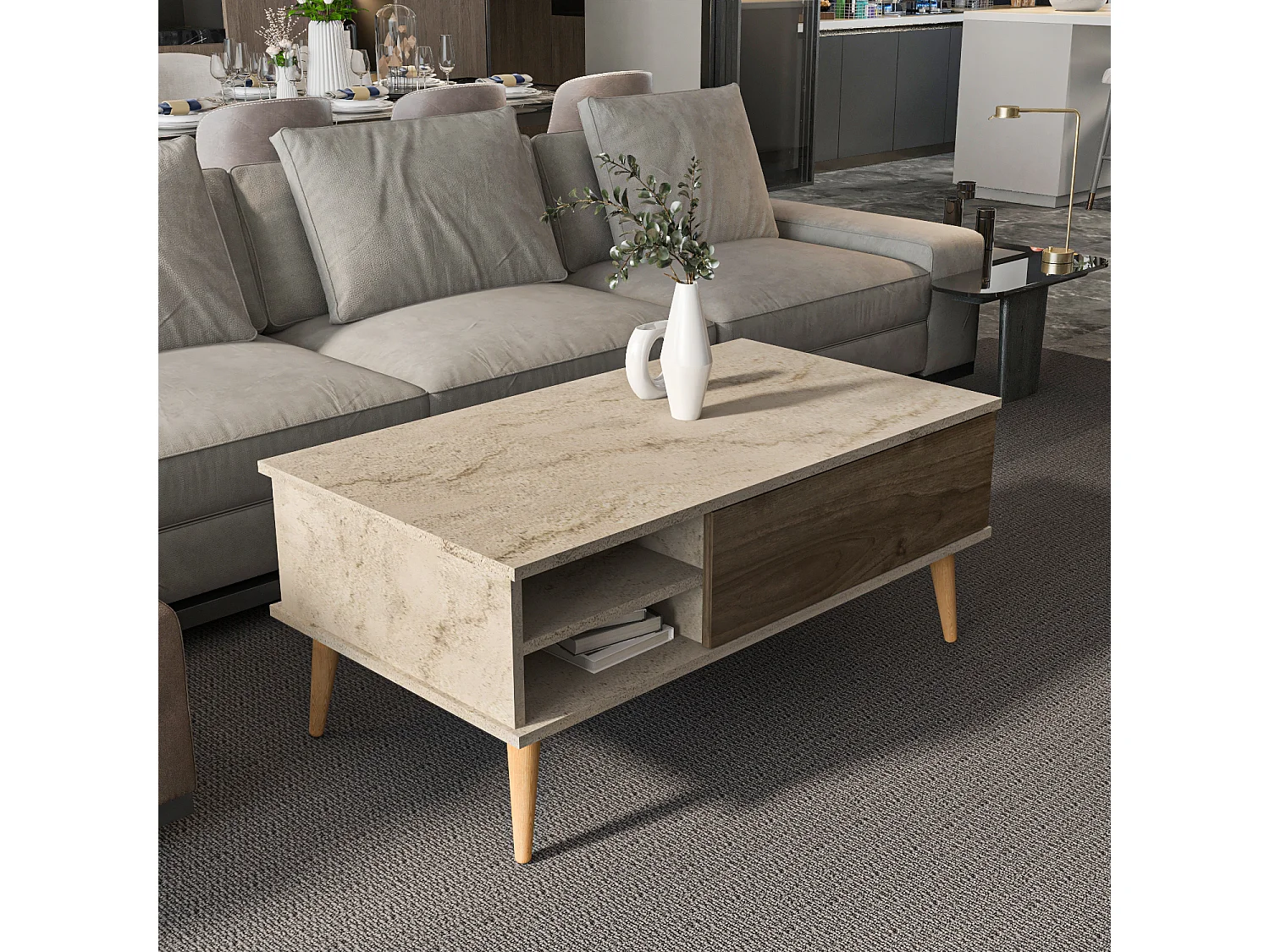 Como Table Basse 110 cm Niches et Armoires Battants Rangement Pieds en Bois (Traverter et Noyer)