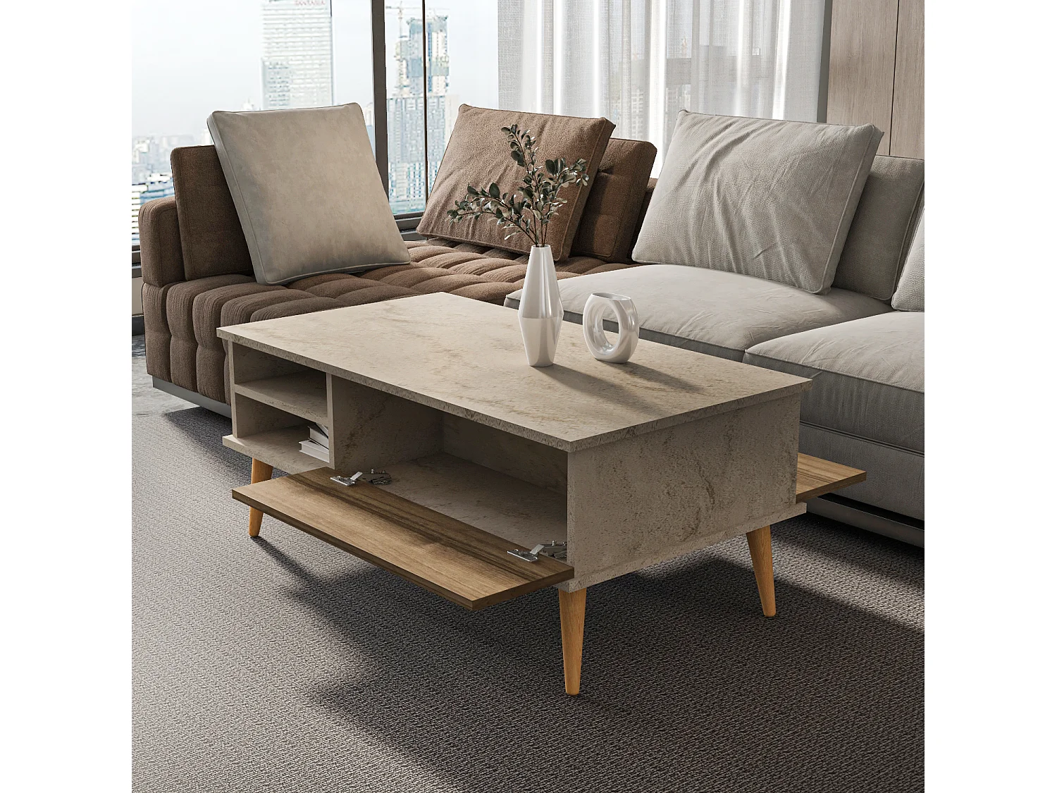 Como Table Basse 110 cm Niches et Armoires Battants Rangement Pieds en Bois (Traverter et Noyer)