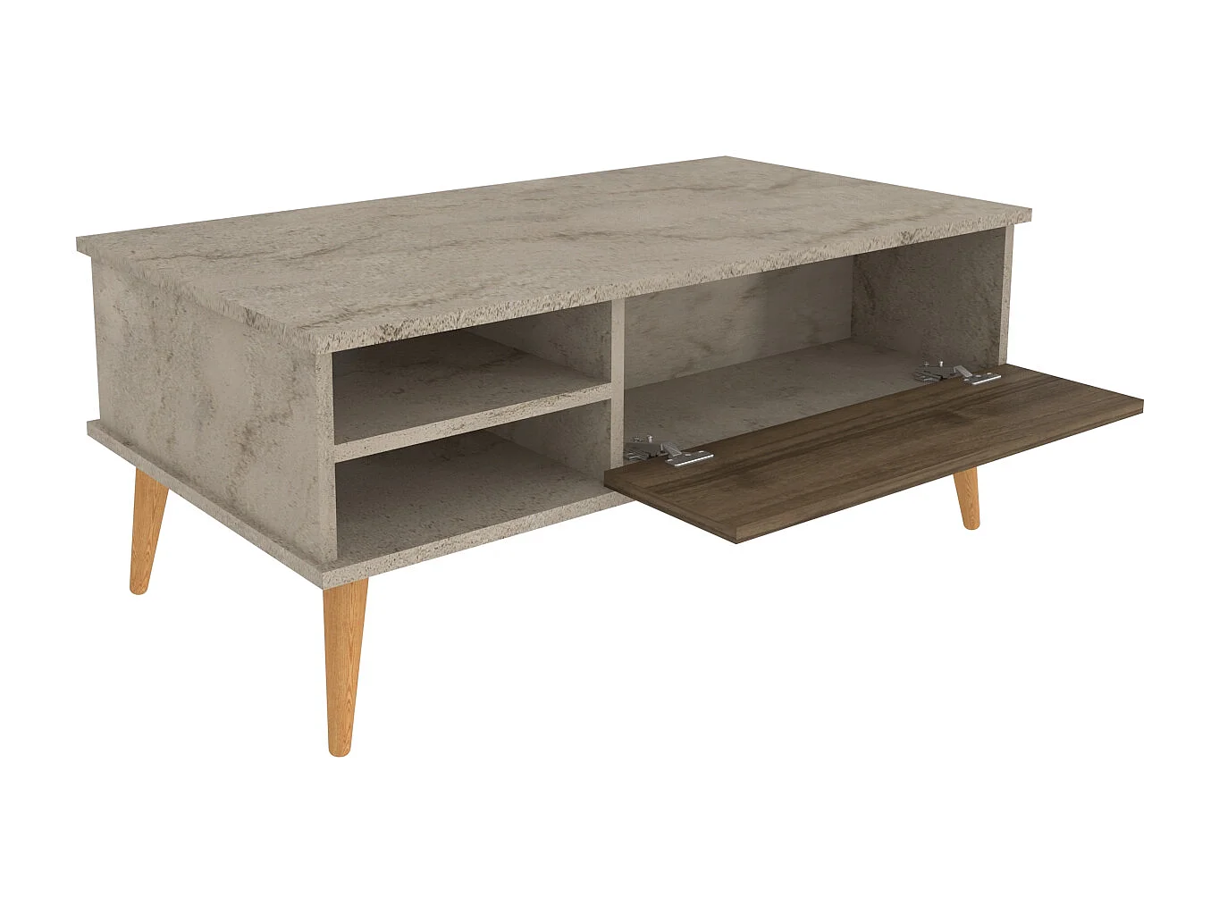 Como Table Basse 110 cm Niches et Armoires Battants Rangement Pieds en Bois (Traverter et Noyer)