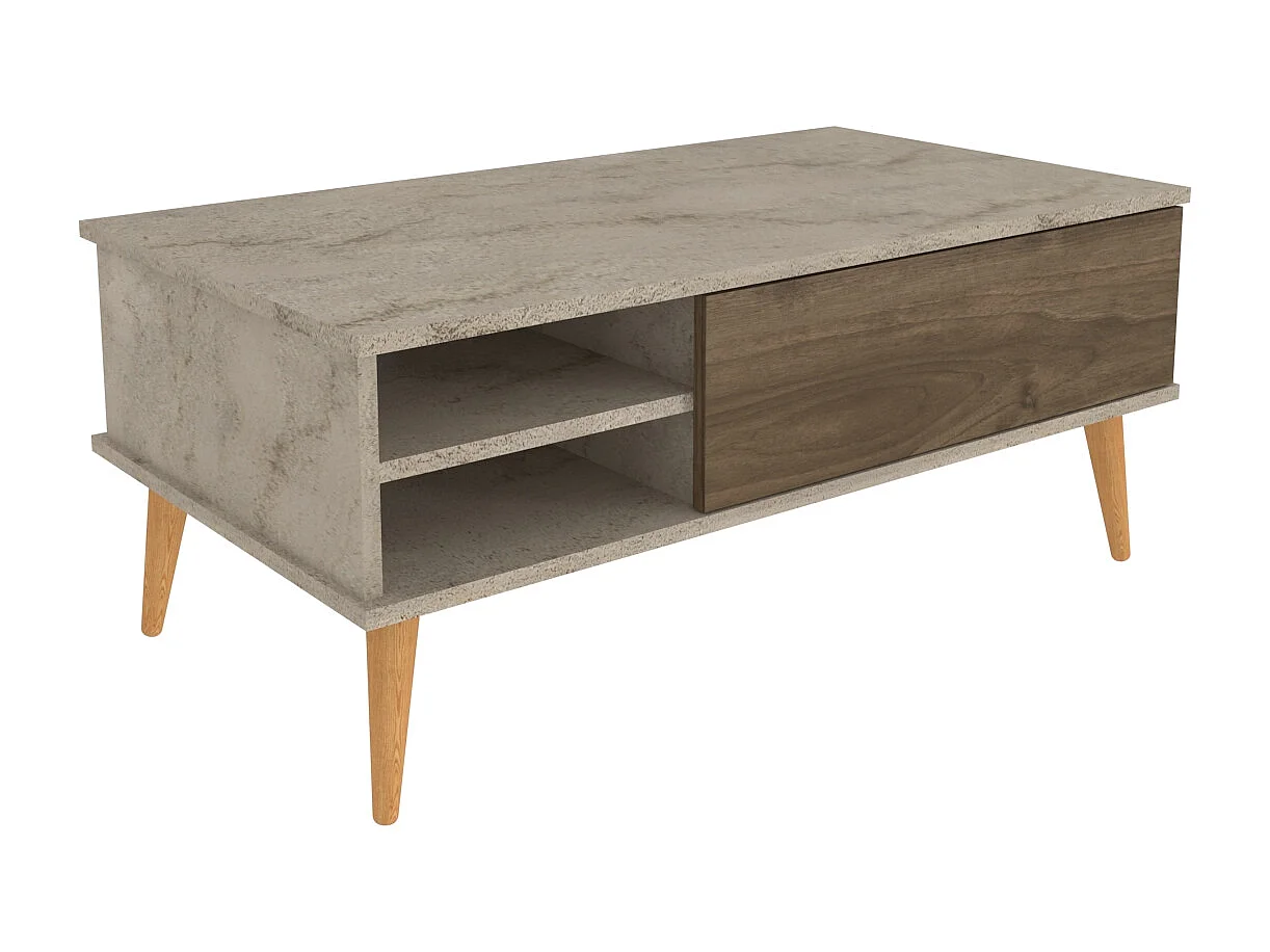 Como Table Basse 110 cm Niches et Armoires Battants Rangement Pieds en Bois (Traverter et Noyer)