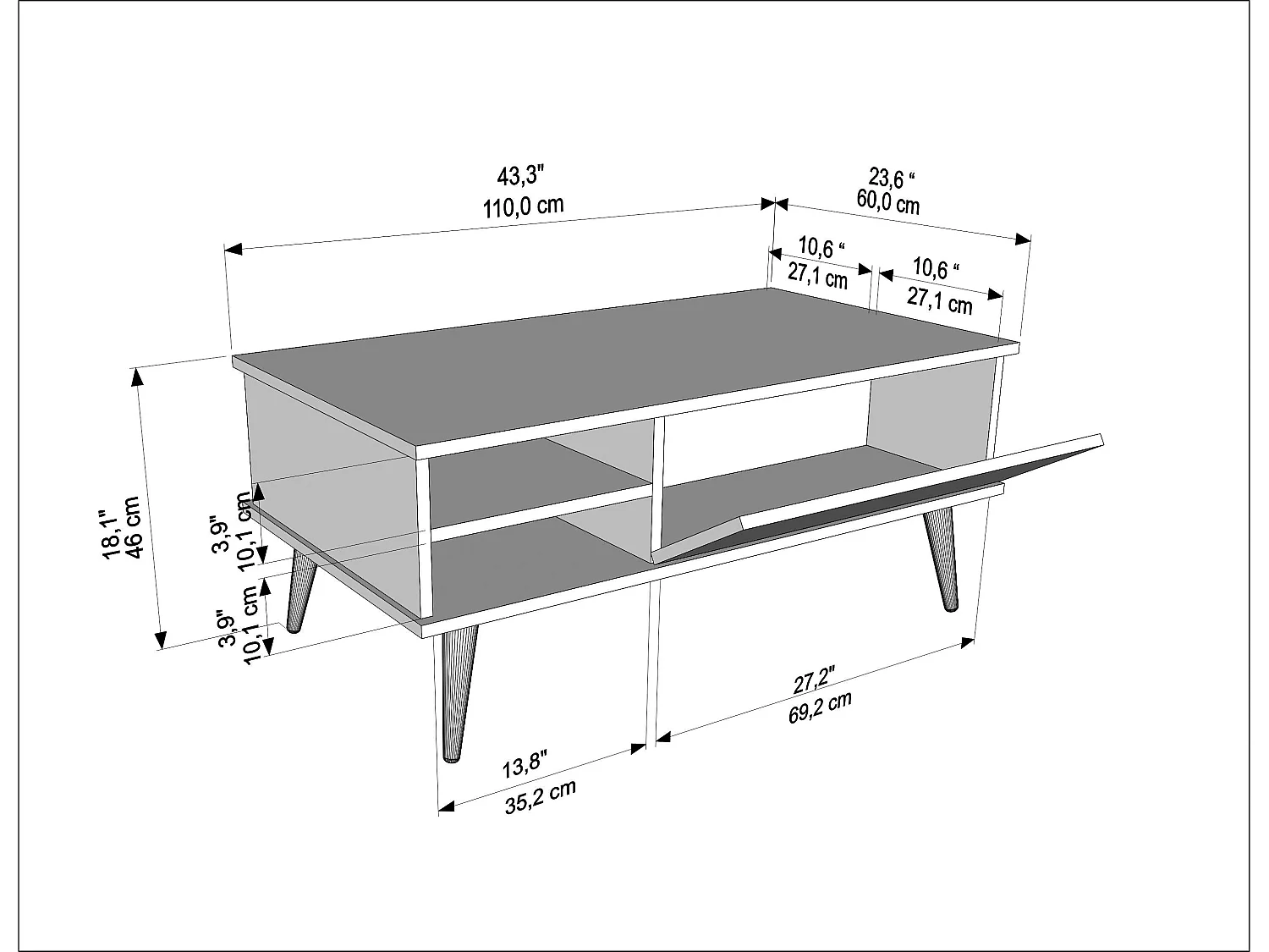 Como Table Basse 110 cm Niches et Armoires Battants Rangement Pieds en Bois (Traverter et Noyer)