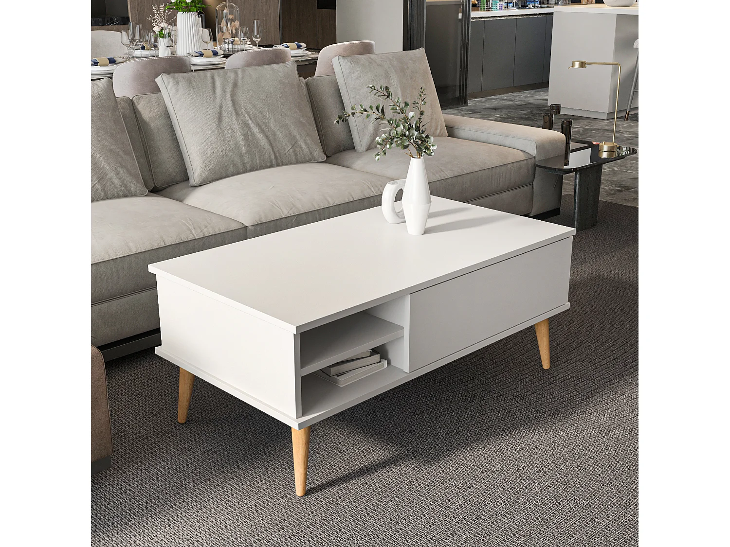 Decorotika Como Coffee Table with Open Shelves and Cabinet - 110 cm W x 46 cm H x 60 cm D
