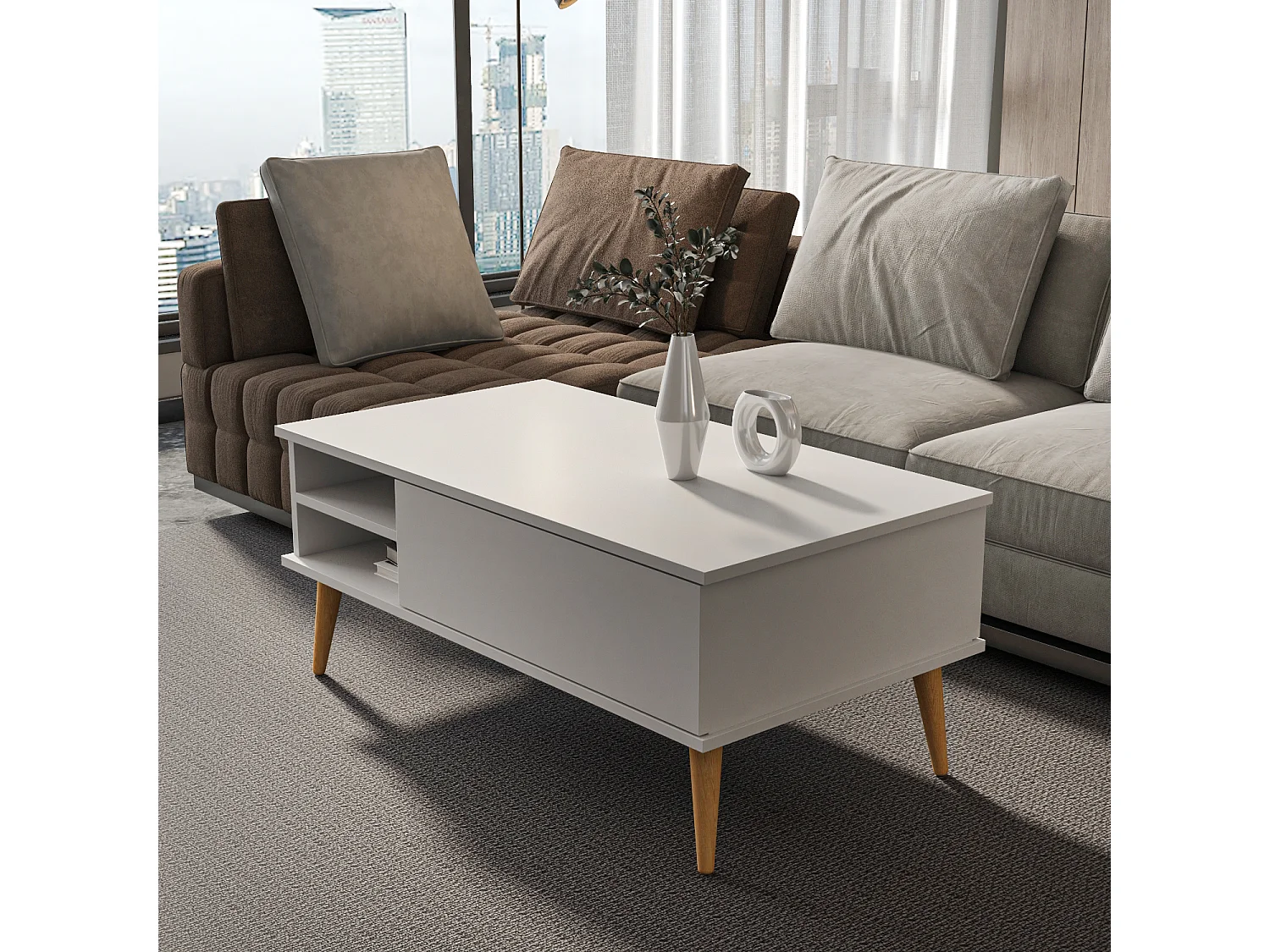 Decorotika Como Coffee Table with Open Shelves and Cabinet - 110 cm W x 46 cm H x 60 cm D