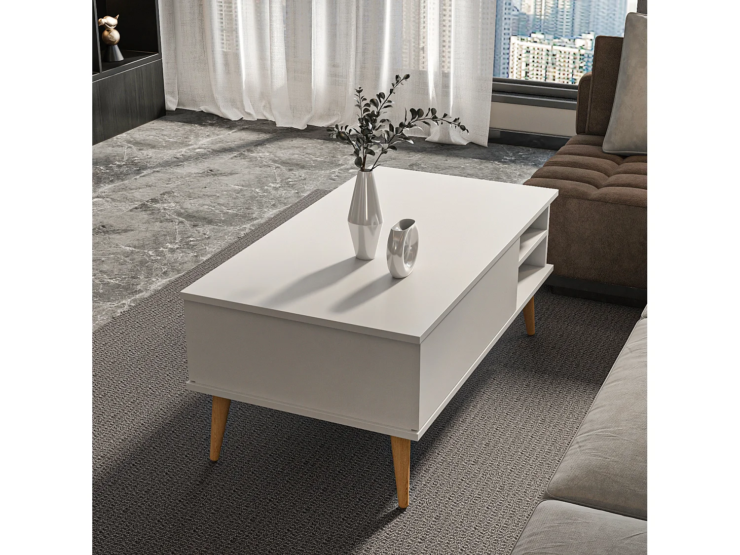 Decorotika Como Coffee Table with Open Shelves and Cabinet - 110 cm W x 46 cm H x 60 cm D