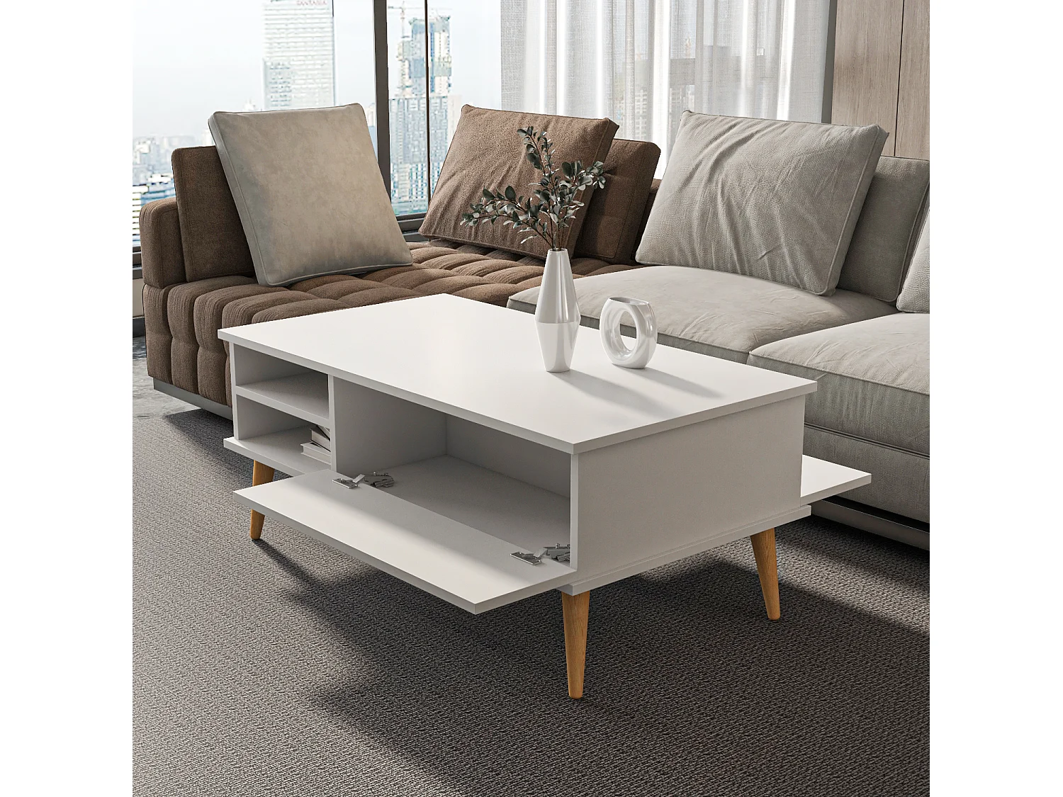 Decorotika Como Coffee Table with Open Shelves and Cabinet - 110 cm W x 46 cm H x 60 cm D
