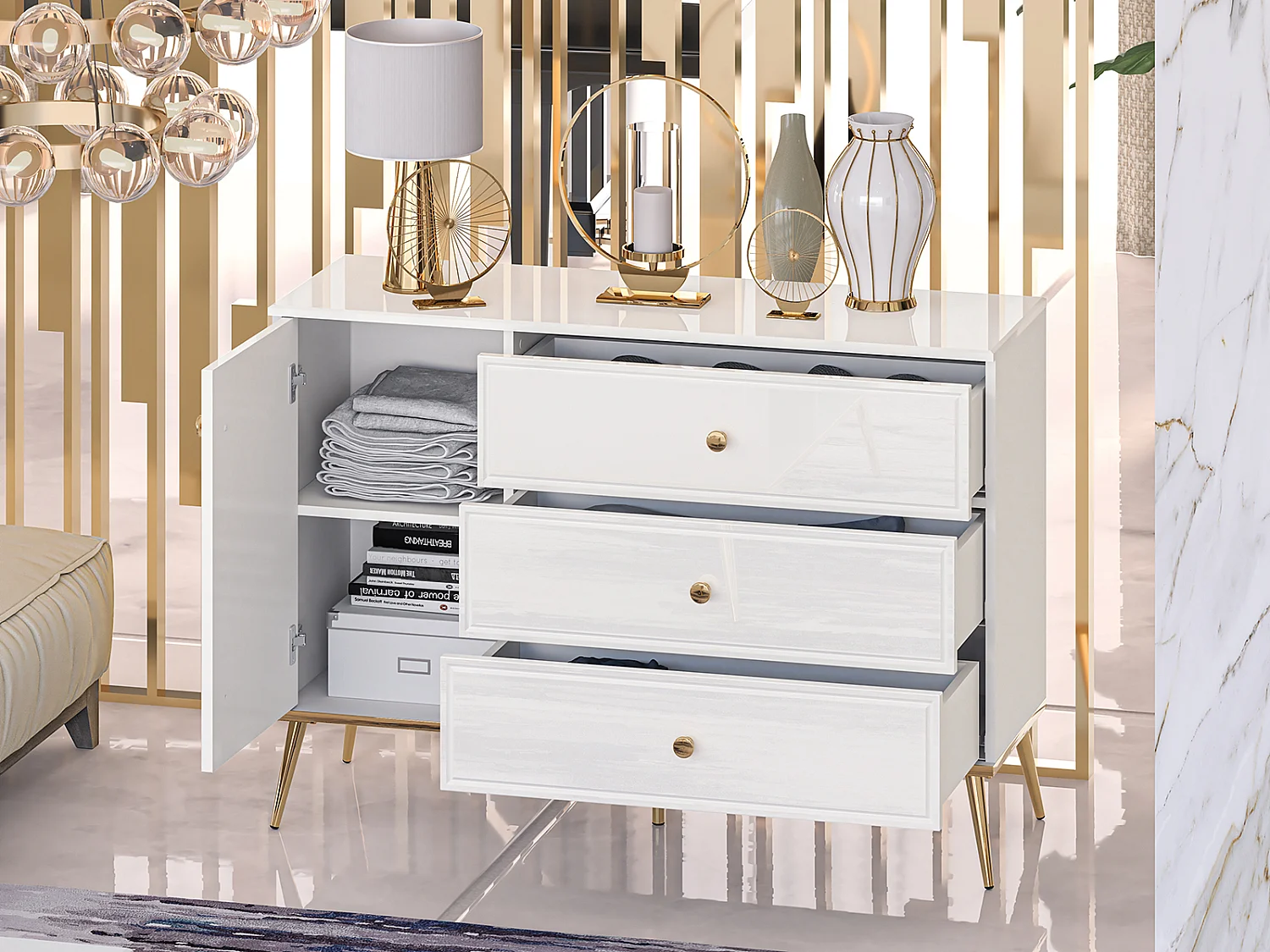 SIDEBOARD Goldin weiß / weiß hochglanz /gold 120 / 40 / 85cm