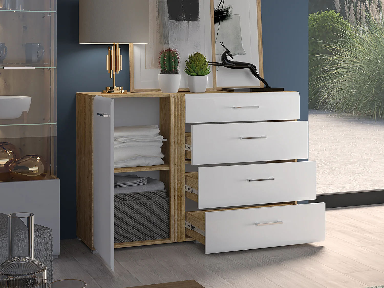 SIDEBOARD Adagio weiß Hochglanz / Eiche castello 134 / 42 / 90cm