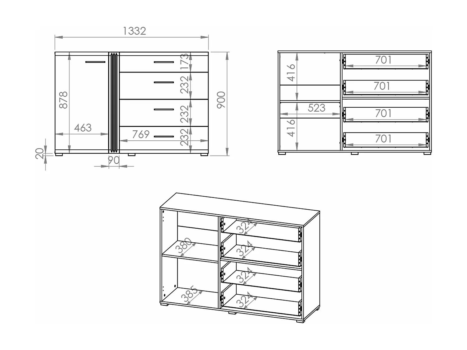 SIDEBOARD Adagio weiß Hochglanz / Eiche castello 134 / 42 / 90cm