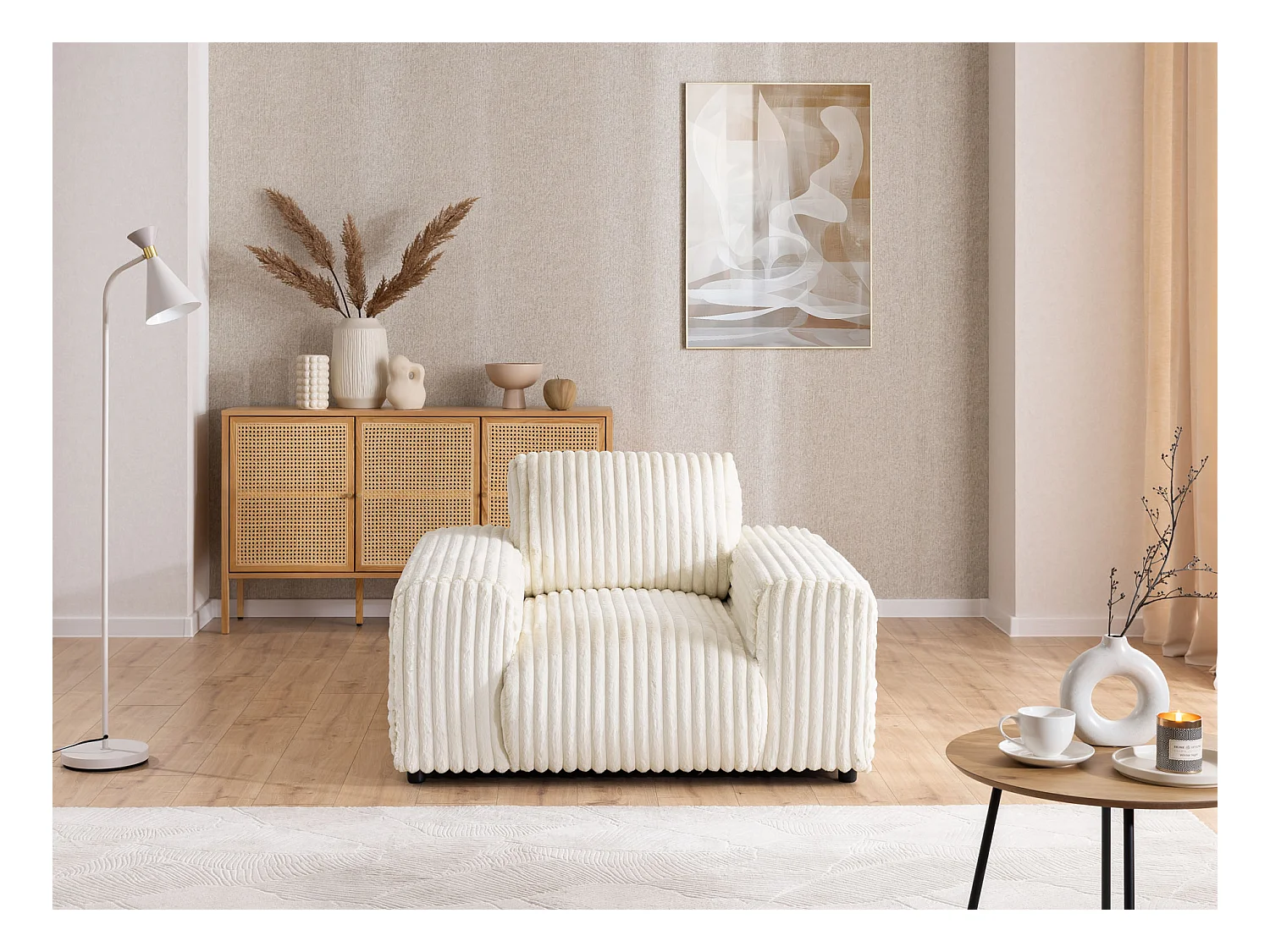 Mollis - Sessel aus Hellbeige Plüschcord mit schöner Sitzkomfort