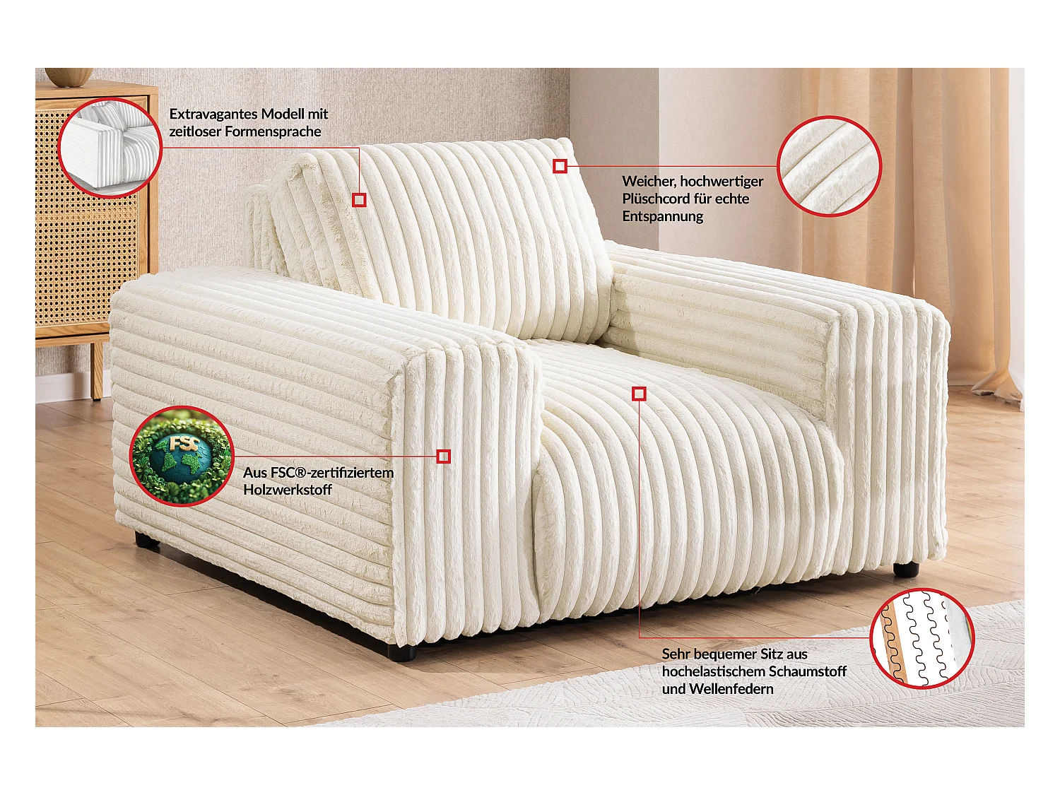 Mollis - Sessel aus Hellbeige Plüschcord mit schöner Sitzkomfort