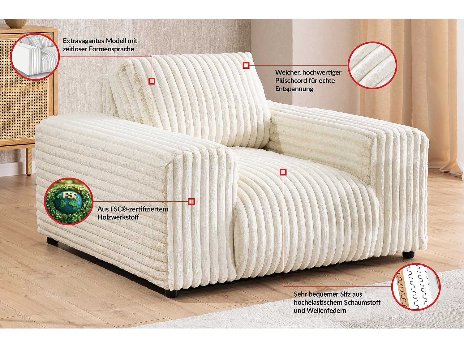 Mollis - Sessel aus Hellbeige Plüschcord mit schöner Sitzkomfort