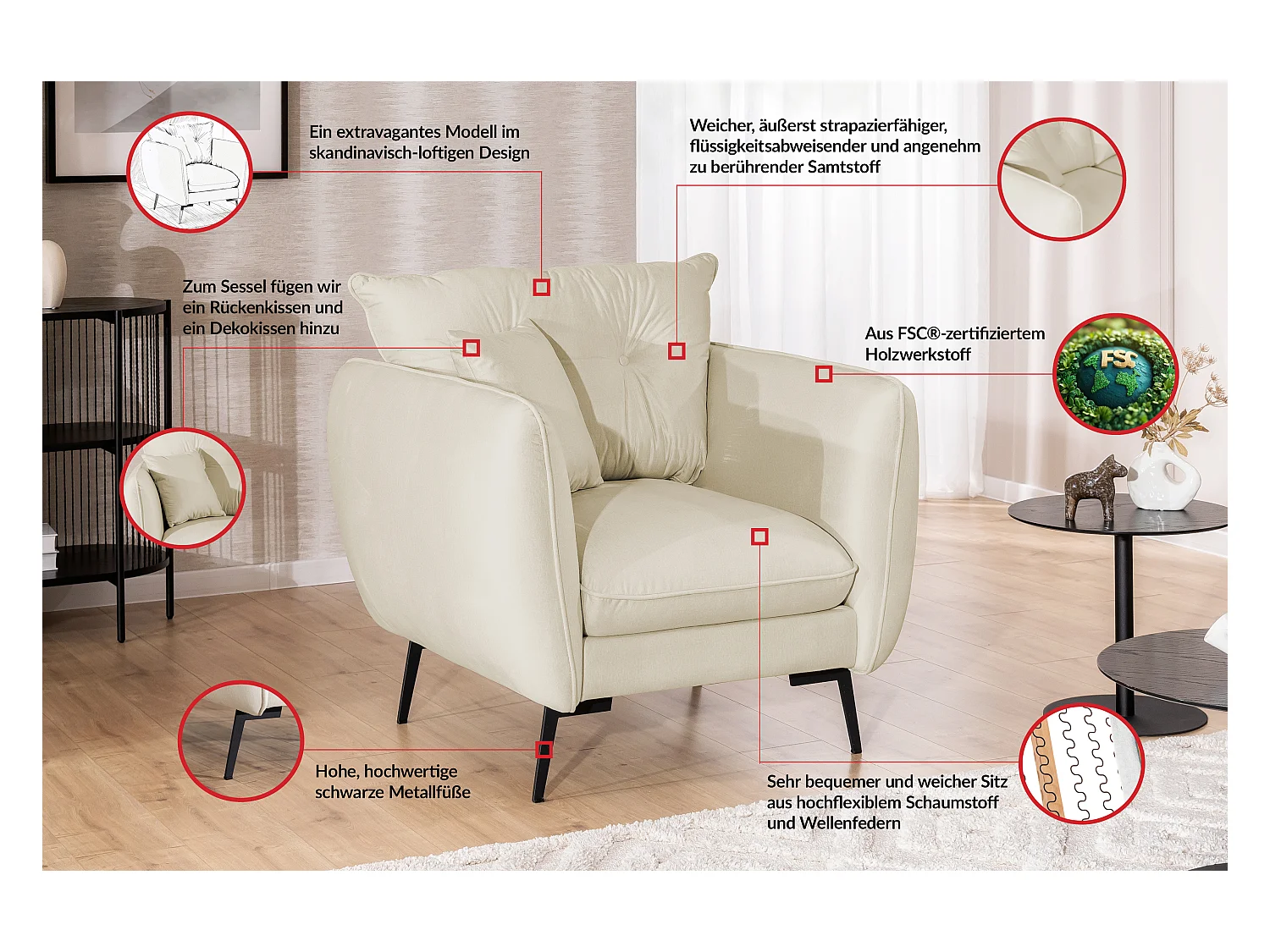 Fauteuil en tissu avec de hauts pieds en métal noir Nordloft