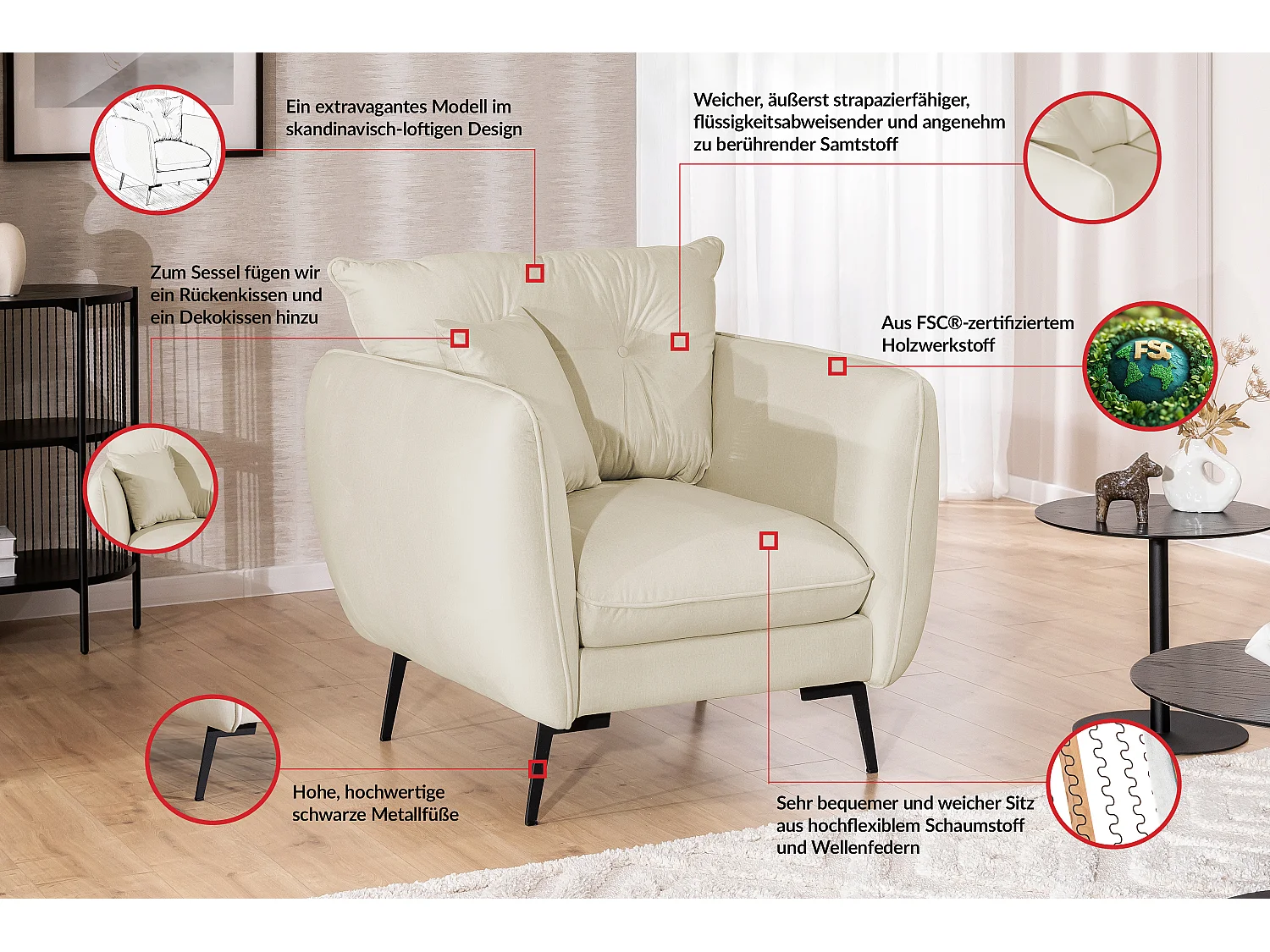 Fauteuil en tissu avec de hauts pieds en métal noir Nordloft