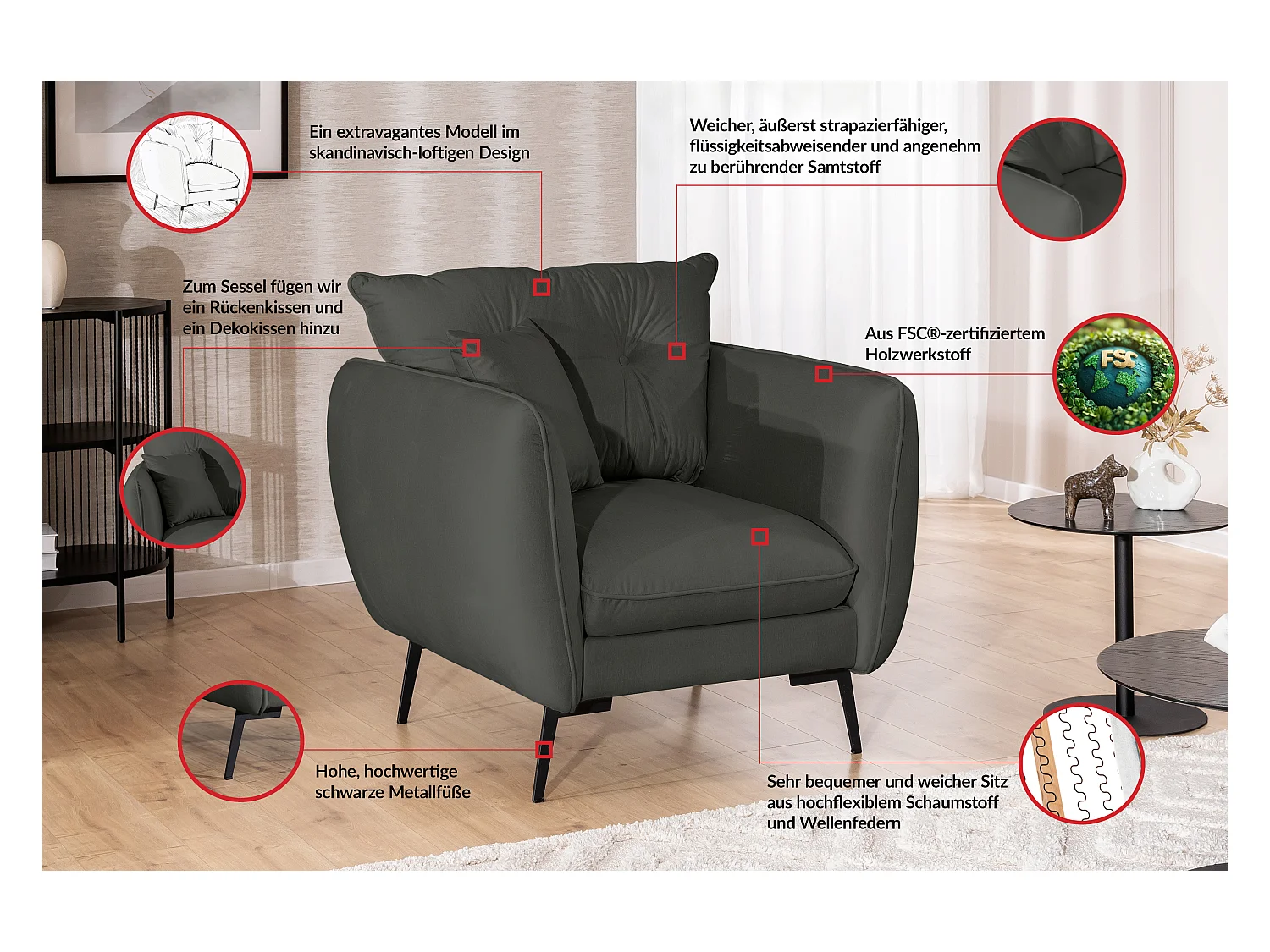 Nordloft - Modernes Sessel aus Dunkelgrau Samt-Stoff mit Hohen Schwarzen Metallfüßen und schöner Sitzkomfort