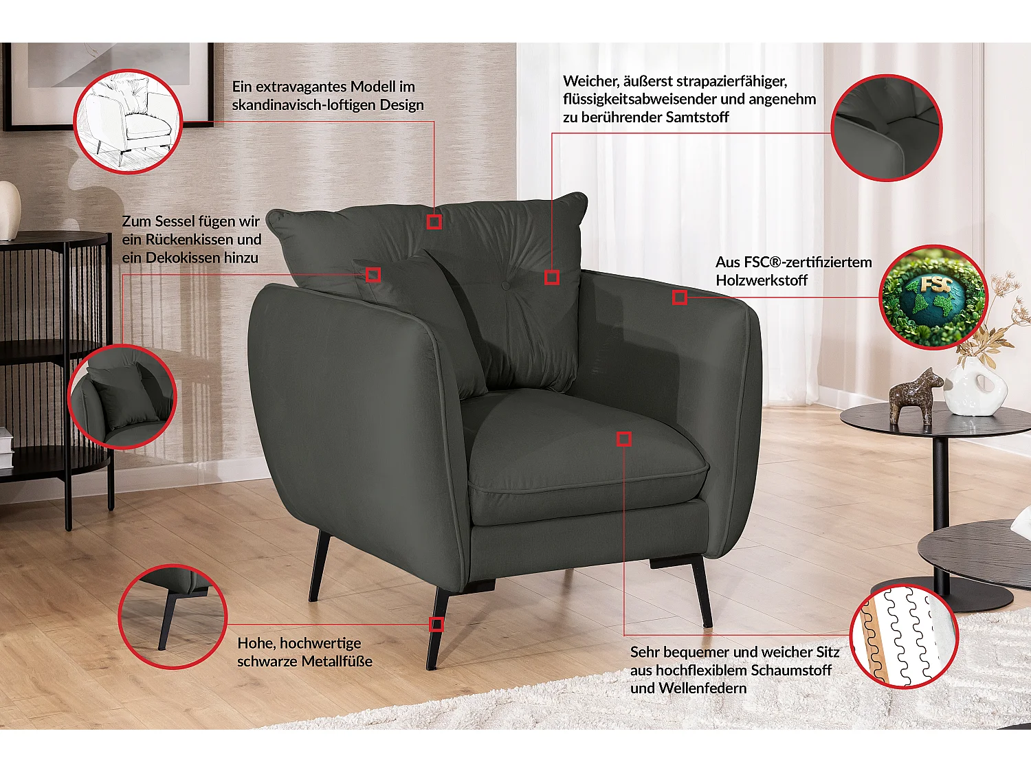 Fauteuil en tissu avec de hauts pieds en métal noir Nordloft