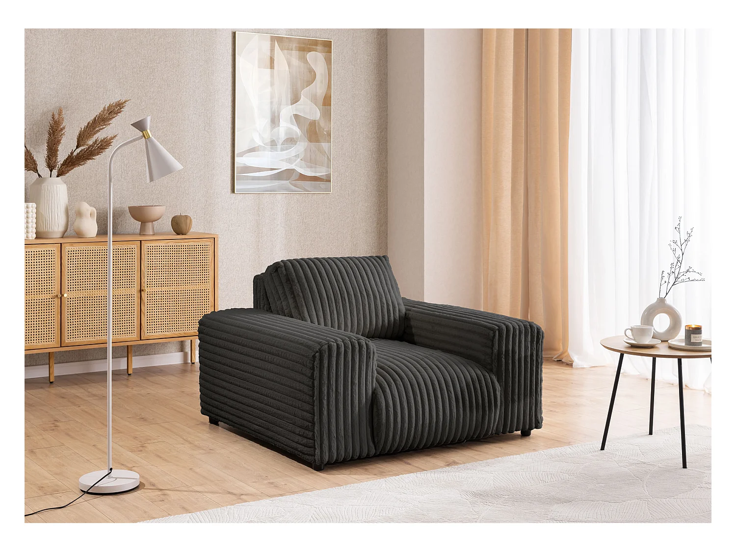 Mollis - Sessel aus Dunkelgrau Plüschcord mit schöner Sitzkomfort