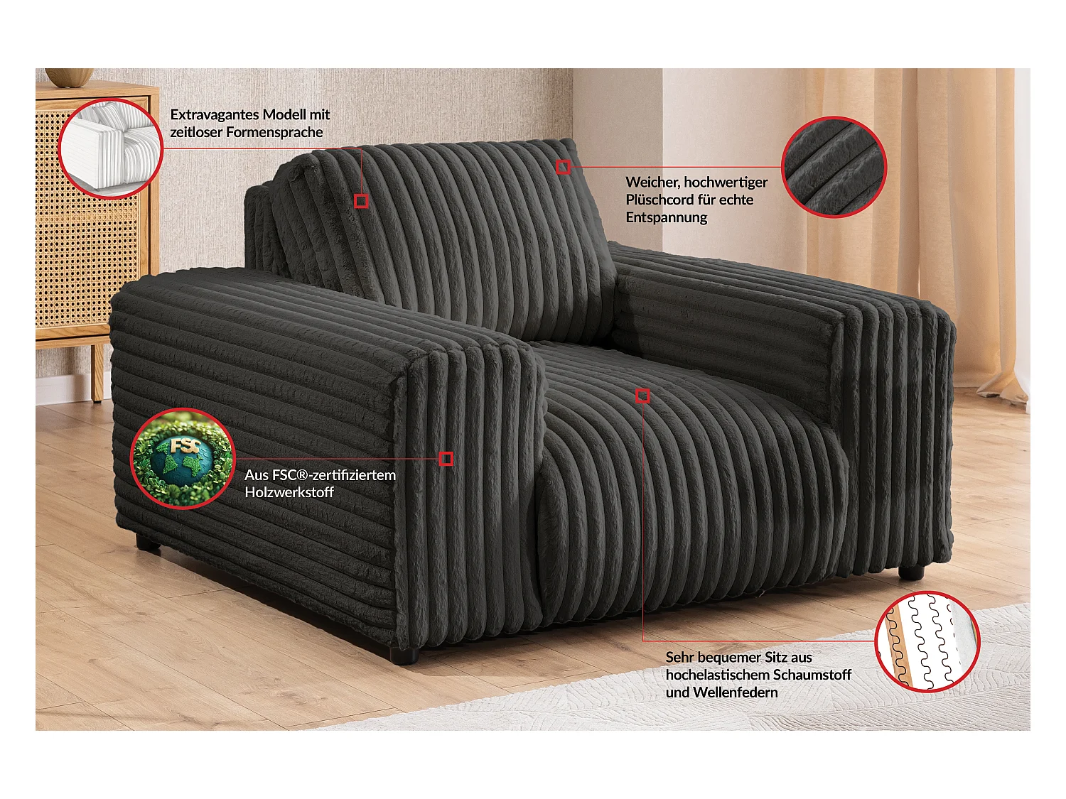 Mollis - Sessel aus Dunkelgrau Plüschcord mit schöner Sitzkomfort