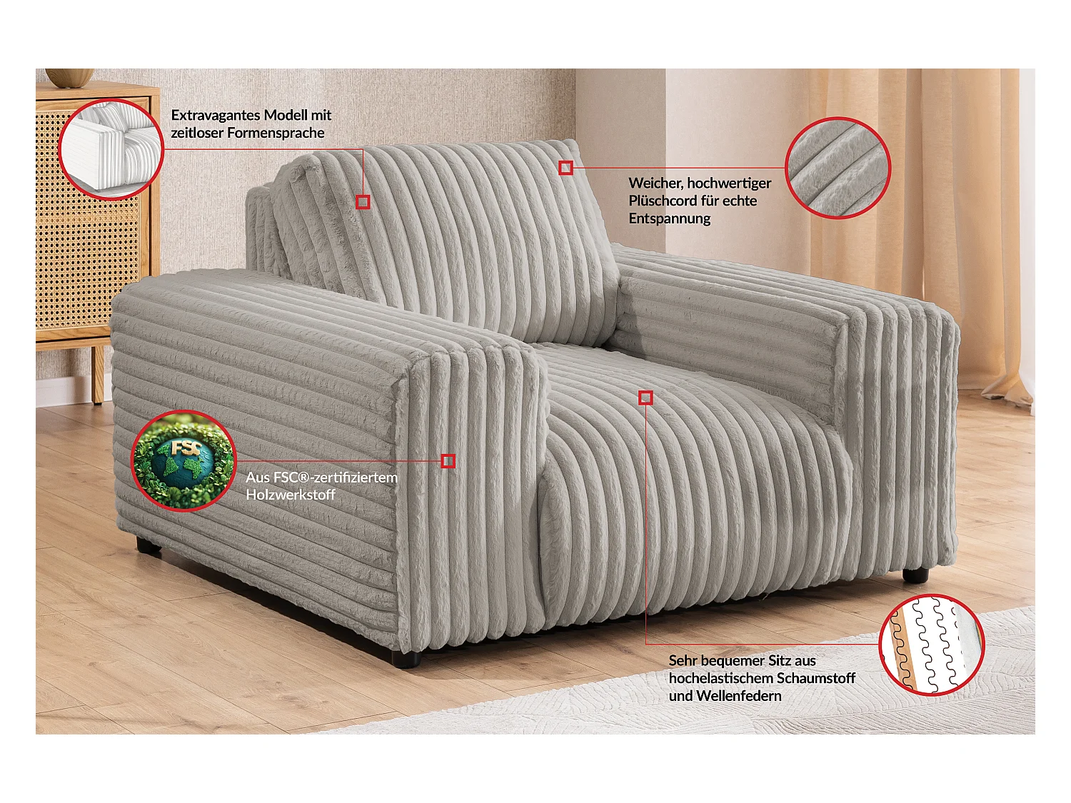 Mollis - Sessel aus Hellgrau Plüschcord mit schöner Sitzkomfort