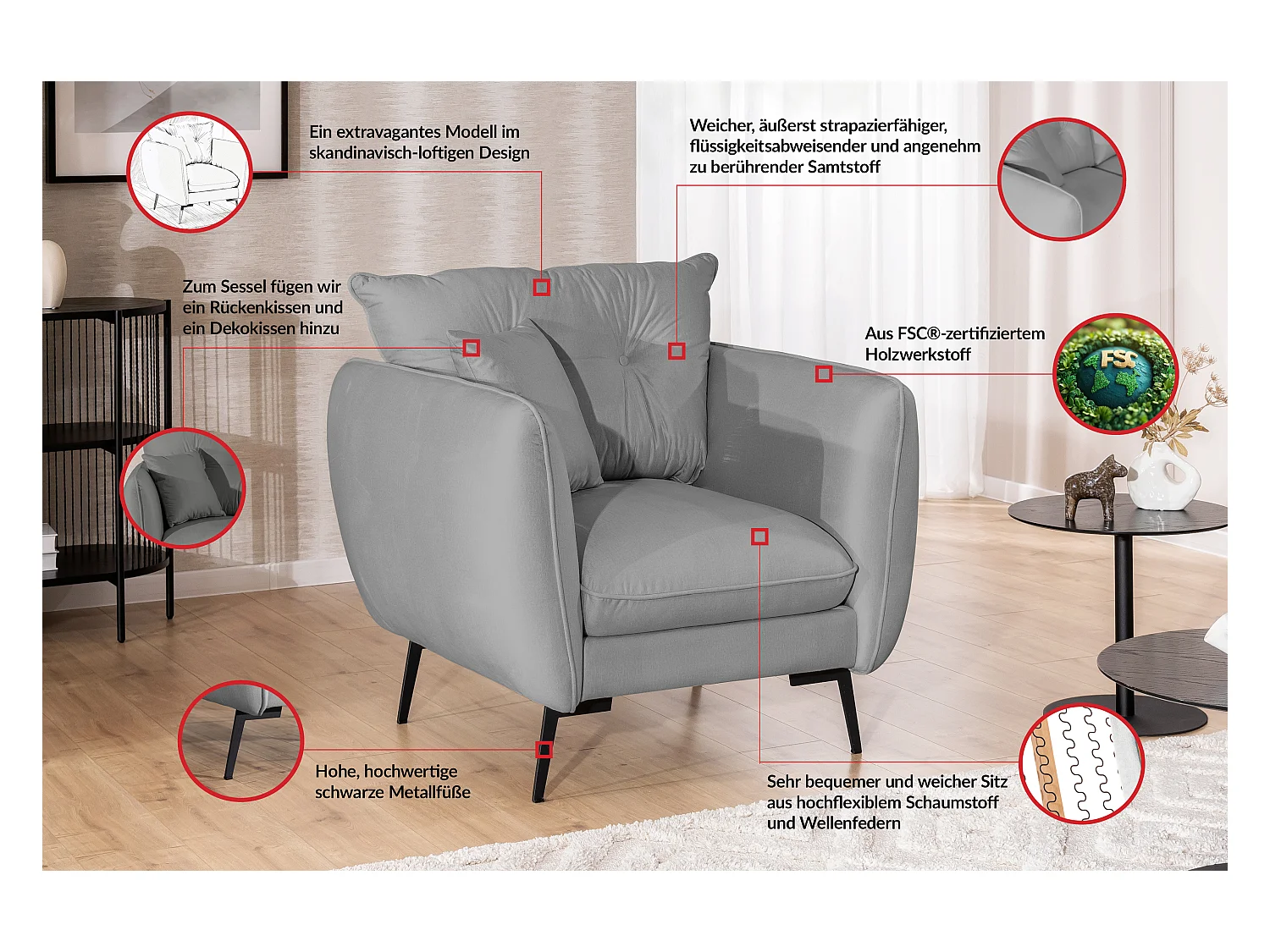 Nordloft - Modernes Sessel aus Hellgrau Samt-Stoff mit Hohen Schwarzen Metallfüßen und schöner Sitzkomfort