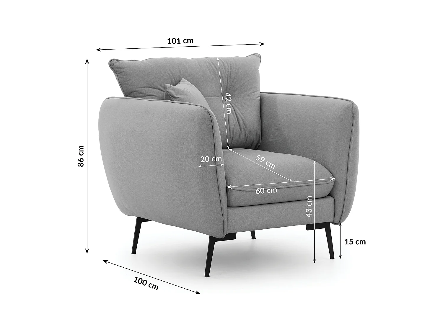 Nordloft - Modernes Sessel aus Hellgrau Samt-Stoff mit Hohen Schwarzen Metallfüßen und schöner Sitzkomfort