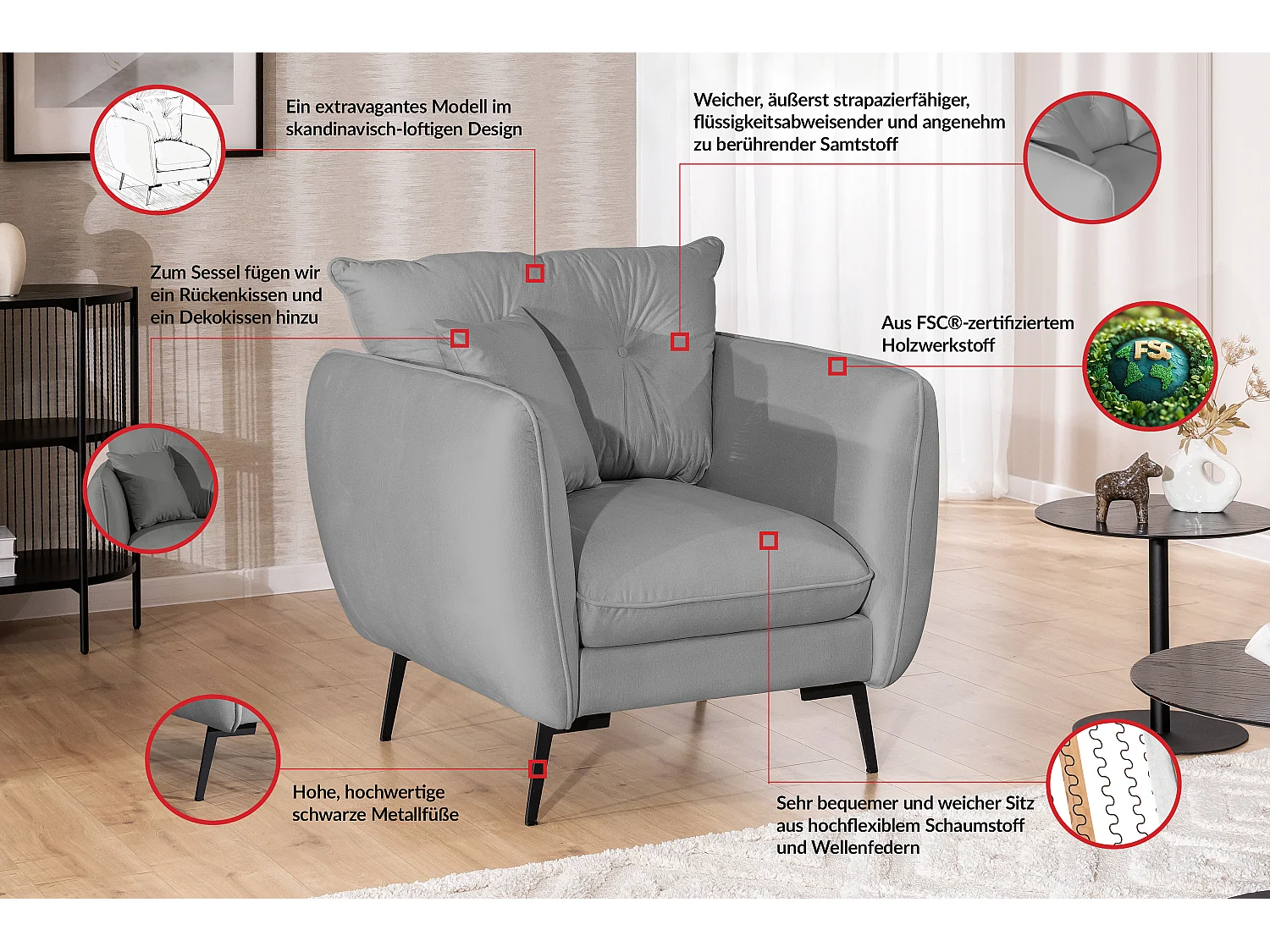 Fauteuil en tissu avec de hauts pieds en métal noir Nordloft