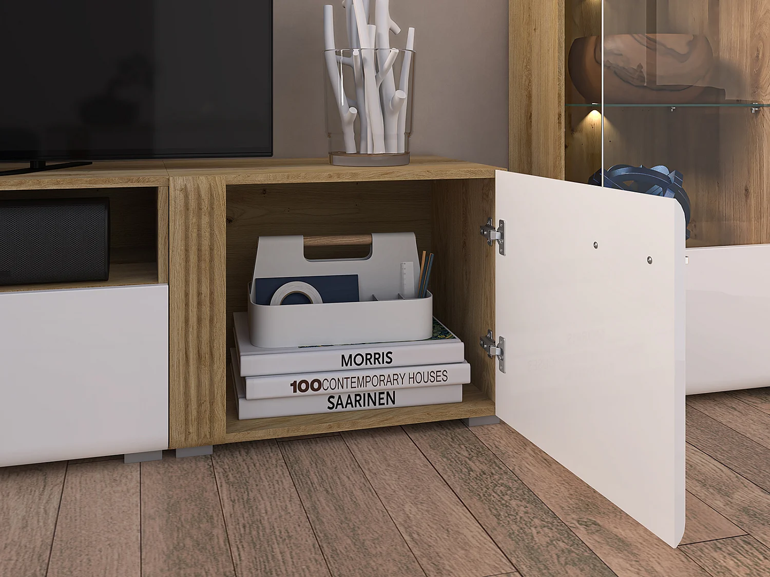 LOWBOARDERWEITERUNG Adagio weiß Hochglanz / Eiche castello 60 / 42 / 47cm