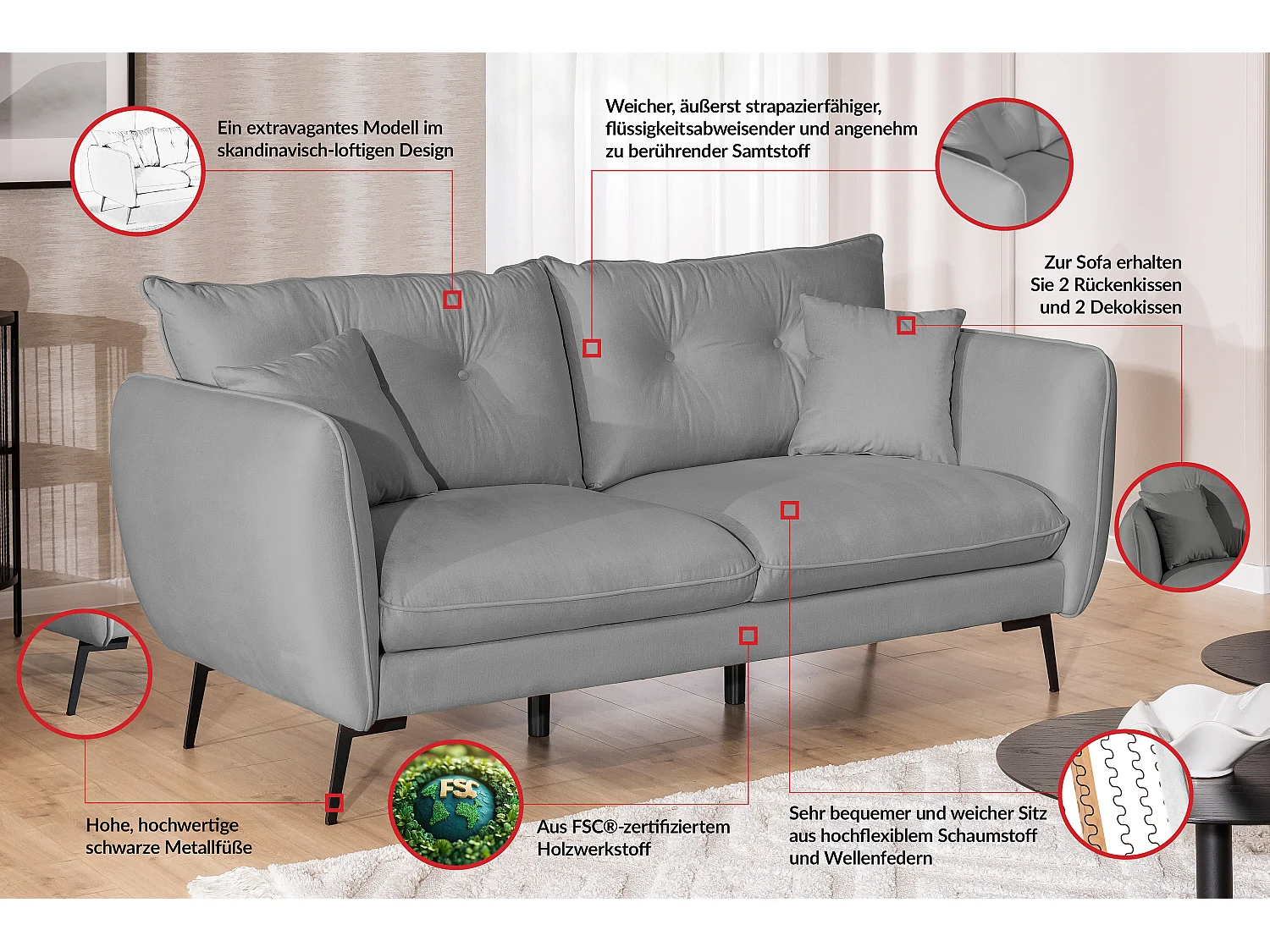 Ensemble de canapés 3+2 en tissu avec de hauts pieds en métal noir Nordloft