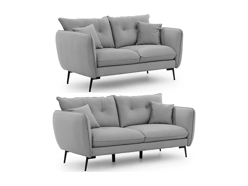 Nordloft - Modernes Polstergarnitur 3+2 aus Hellgrau Samt-Stoff mit Hohen Schwarzen Metallfüßen und schöner Sitzkomfort
