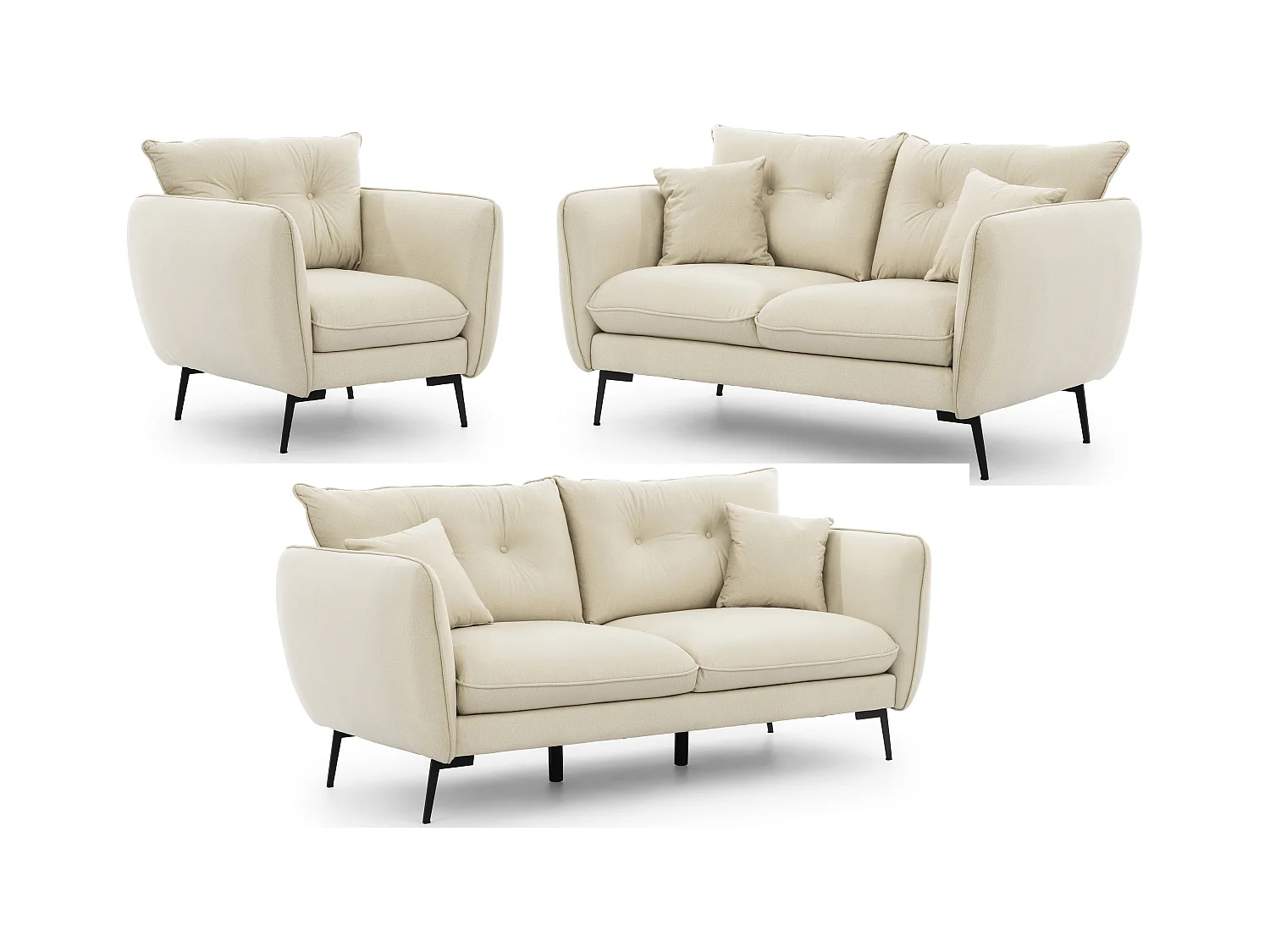 Nordloft - Modernes Polstergarnitur 3+2+1 aus Beige Samt-Stoff mit Hohen Schwarzen Metallfüßen und schöner Sitzkomfort